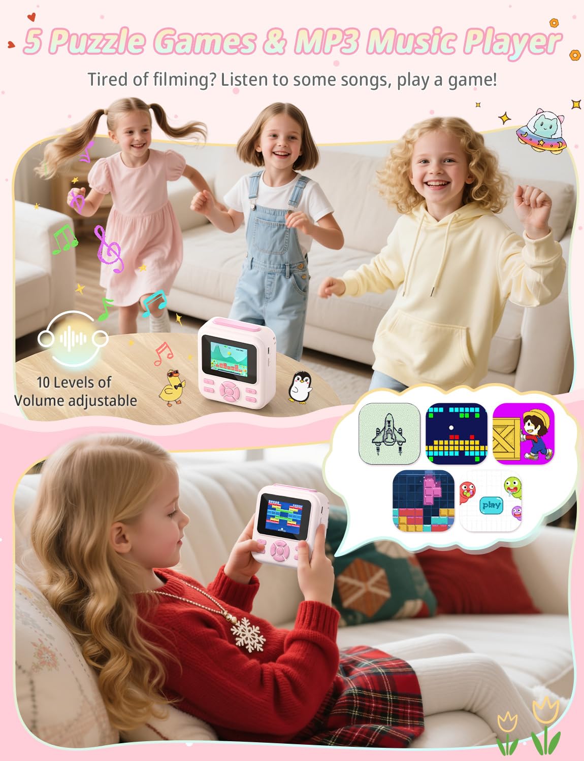 YOHOOLYO Aparat błyskawiczny dla dzieci, 2,4-calowy aparat błyskawiczny dla dzieci z kartą 32 GB i 3 rolkami papieru, cyfrowe zabawki wideo HD 1080P, prezenty urodzinowe w