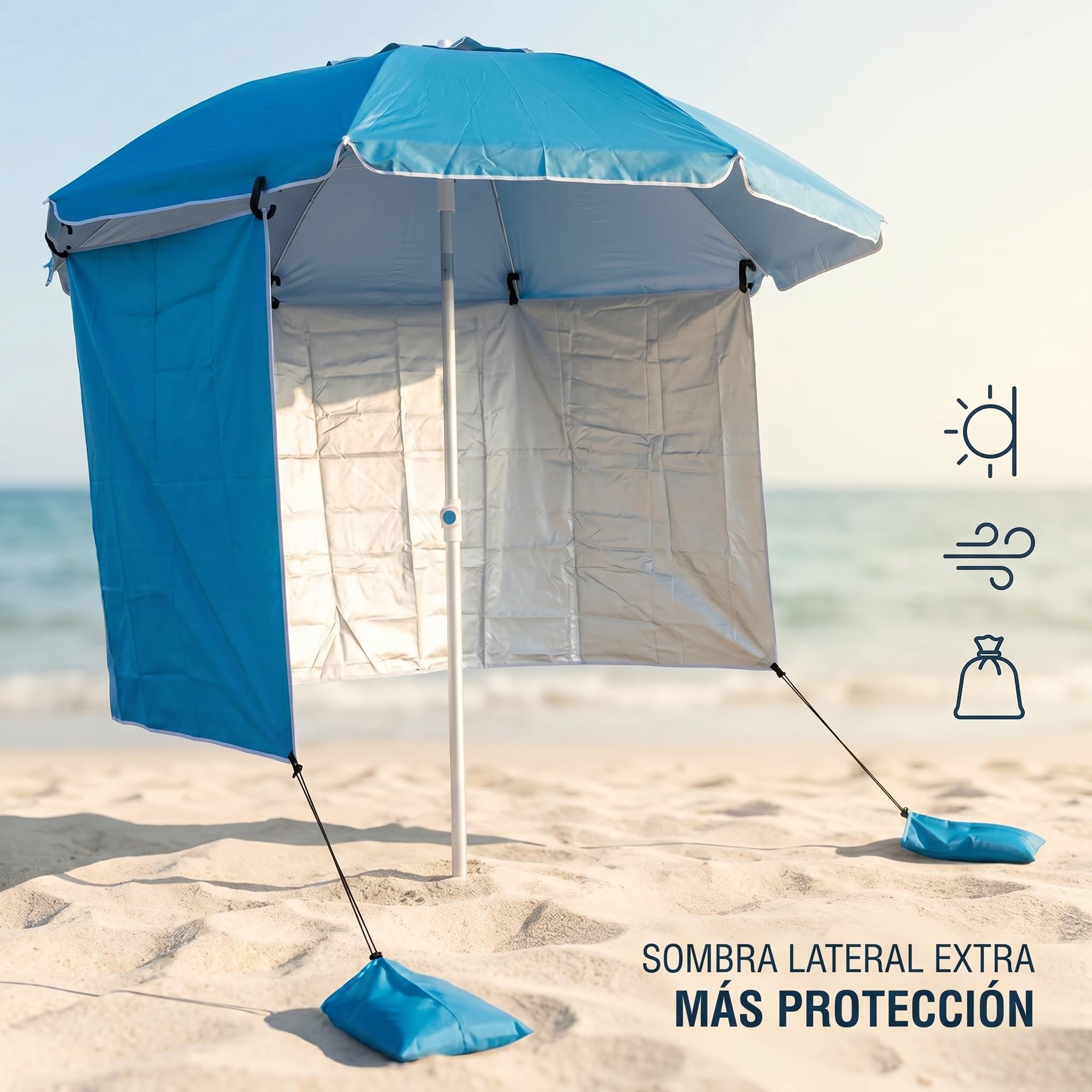 Pincho Tenda laterale per ombrellone da spiaggia, paravento da spiaggia con sacchi di sabbia, ombra extra antivento, riparo pieghevole per ombrellone, accessorio compatto, resistente e leggero, 200 x