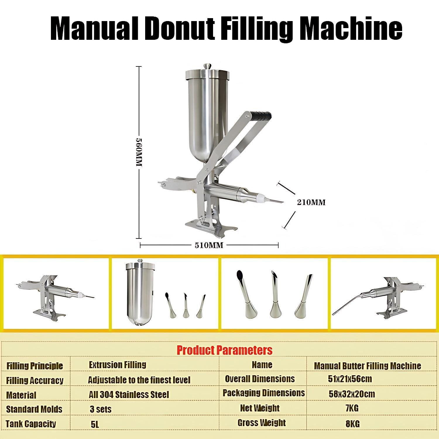 MáQuina para Rellenar Donas de 5 L,Rellenadora de Churros,Rellenadora de Crema de Acero Inoxidable 304 con 4 Tubos, inyector Profesional para Crema Mermelada y Chocolate