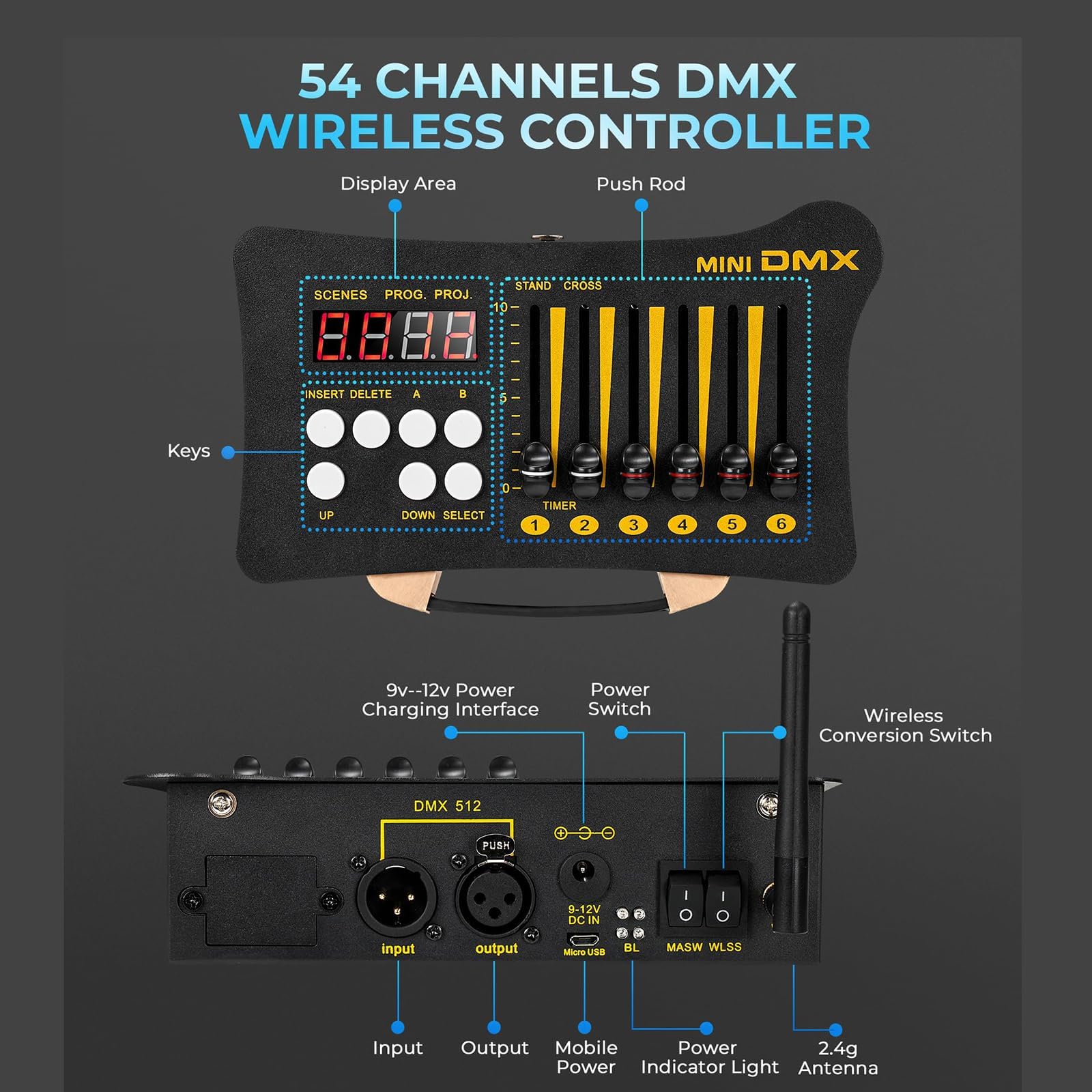 Contrôleur DMX, Mini contrôleur DMX 512 Portable, équipé de 3 contrôleurs DMX Récepteur Dfi DJ 2.4G 3, contrôle sans Fil, Batterie intégrée, Rechargeable, adapté aux fêtes sur scène, BR2