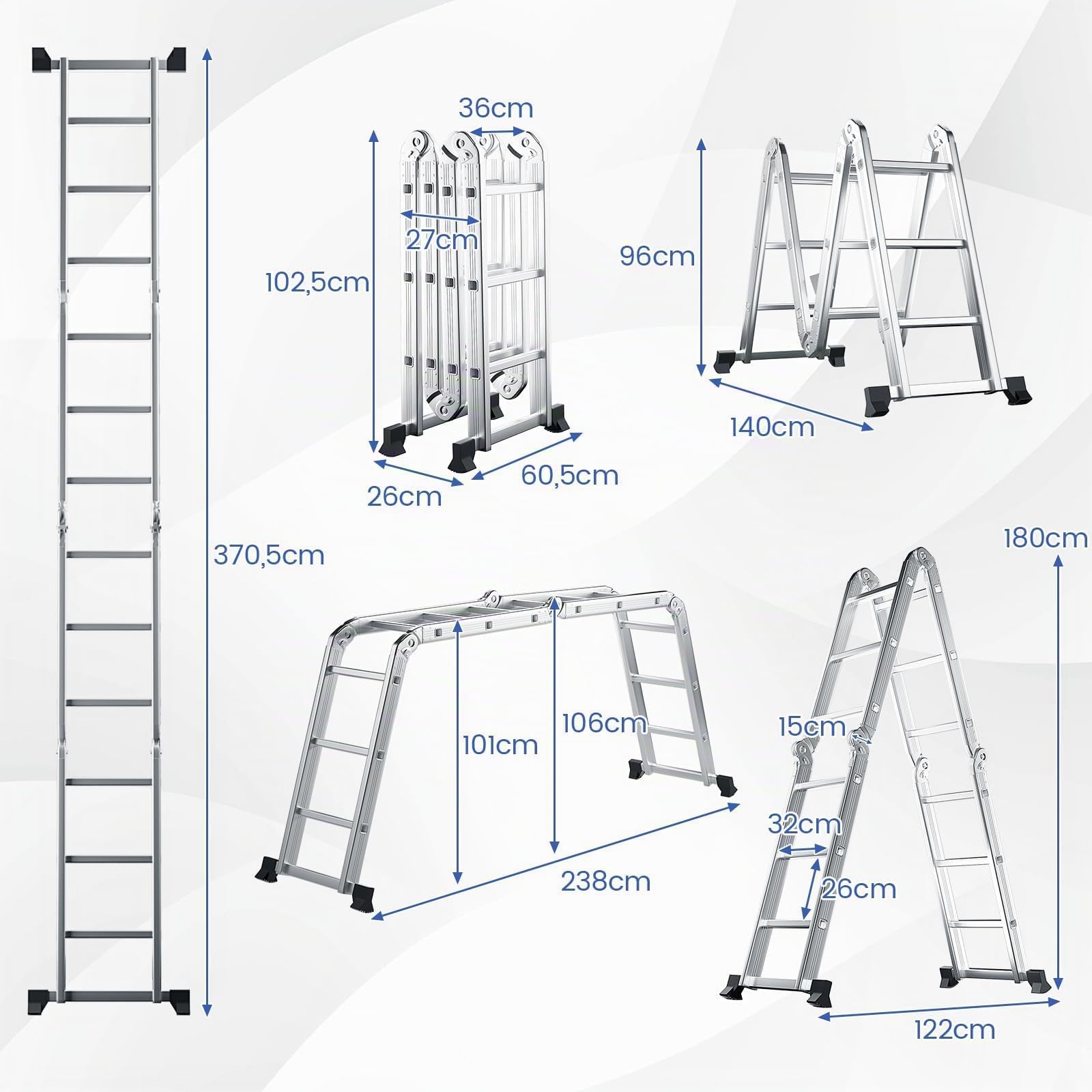 COSTWAY Escalera Plegable Multiuso Resistente, Escalera Extensible con Estructura en Alúmina Ligera y Fácil de Almacenar, Escalera para Uso con Peldaños Cuadrados,Largo: 370 cm