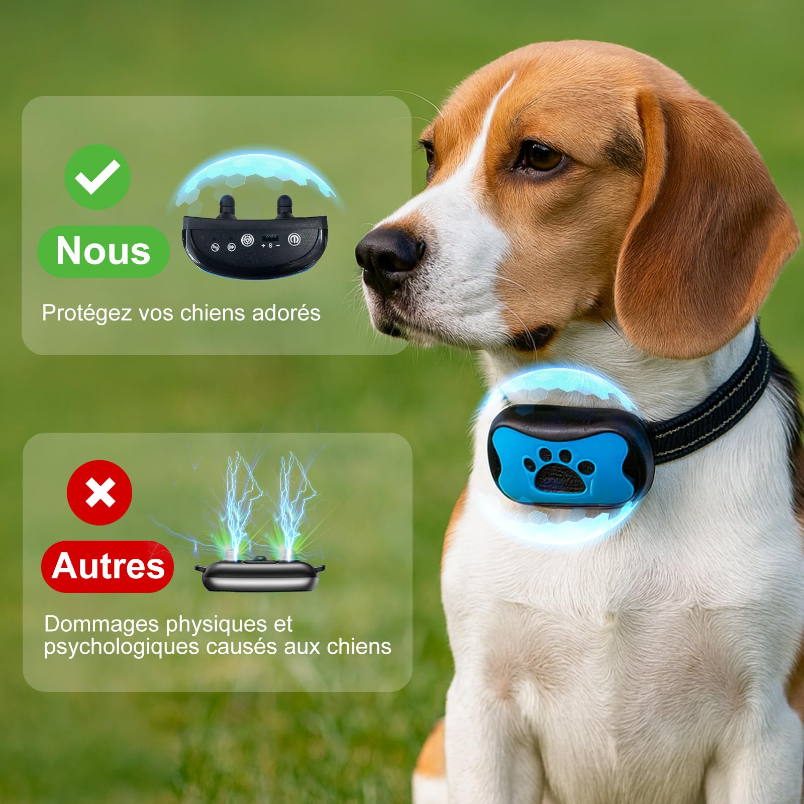 Puppy Safe Collier Anti-Aboiement pour Chien – sans Douleur ni Choc Électrique, 7 Niveaux Sensibilité, Vibration + Son, Taille Réglable,Rechargeable (Blue)