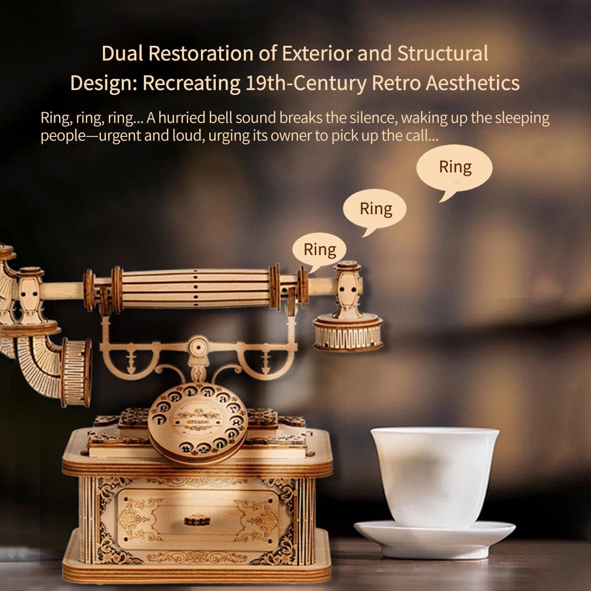 Drewniane puzzle 3D dla dorosłych, telefon retro 3D, zestaw do montażu, drewniane puzzle 3D, styl vintage, model telefonu, steampunk, telefon stołowy 3D, puzzle, drewno, zabawka, zestaw na