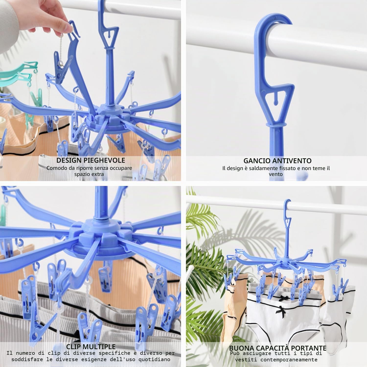2 stendibiancheria, 16 clip per appendere calze, gancio pieghevole per biancheria intima, stendibiancheria portatile, girevole a 360°, adatto per biancheria intima, calze, asciugamani (blu, verde)