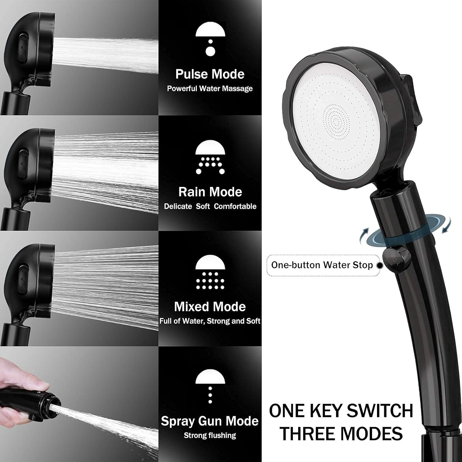 Handheld Shower Head (Black Without Hose),Spray Gun Function With ON