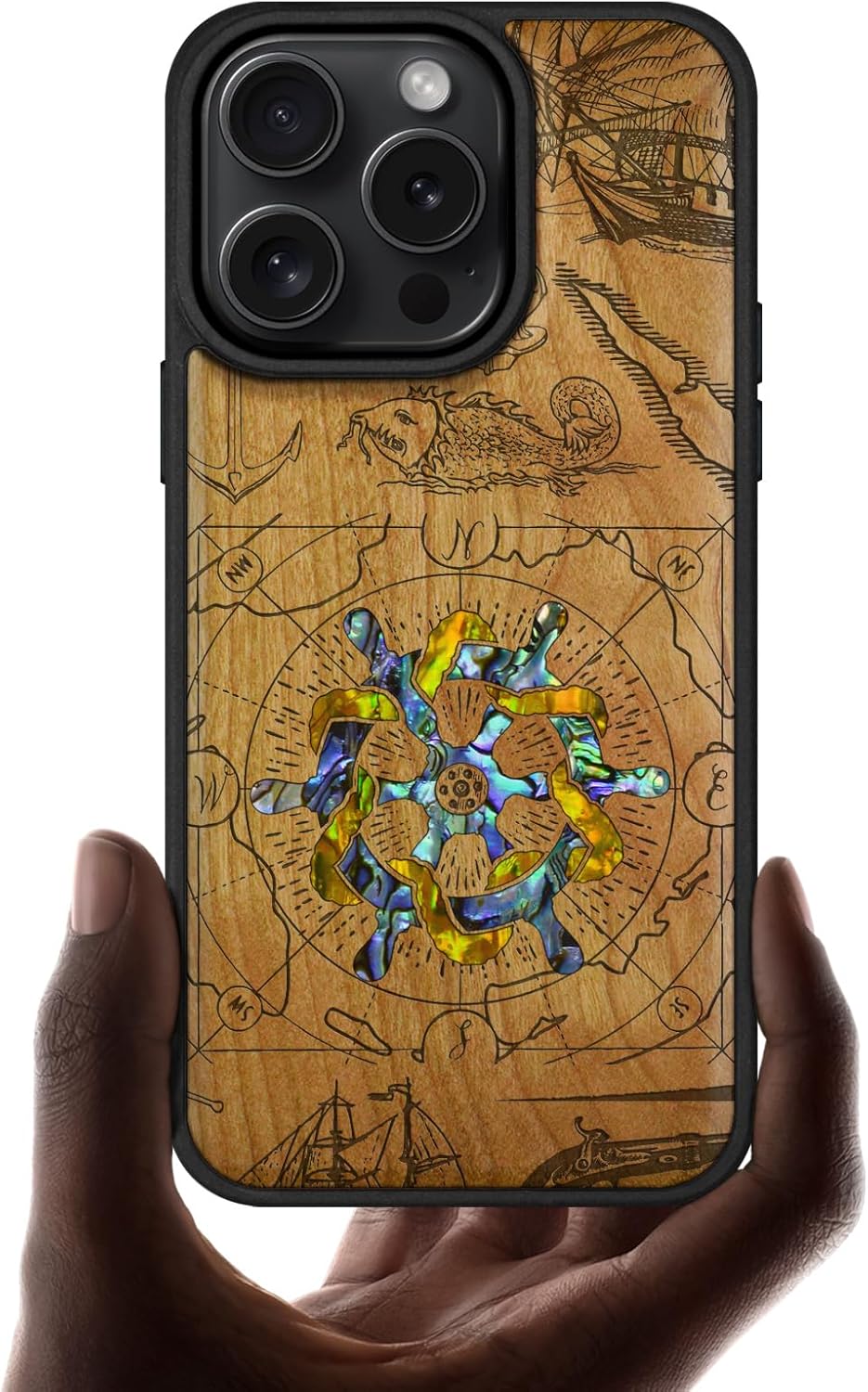 Carveit Magnetic Case for iPhone 16 Pro Case, Wood Artisan Engraved & Handmade Shell Inlaid, TPU Shockproof Cover, Compatible with MagSafe Wireless Chargers (Vintage Wooden Wheel) Cherry