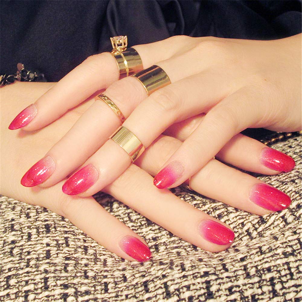 24Pcs Dark Rose Phototherapy Round Head Gradient False Nails Fake Nails Art Fake Nail Tips Design Press on Nails with Double-Sided Adhesive for Women Girls