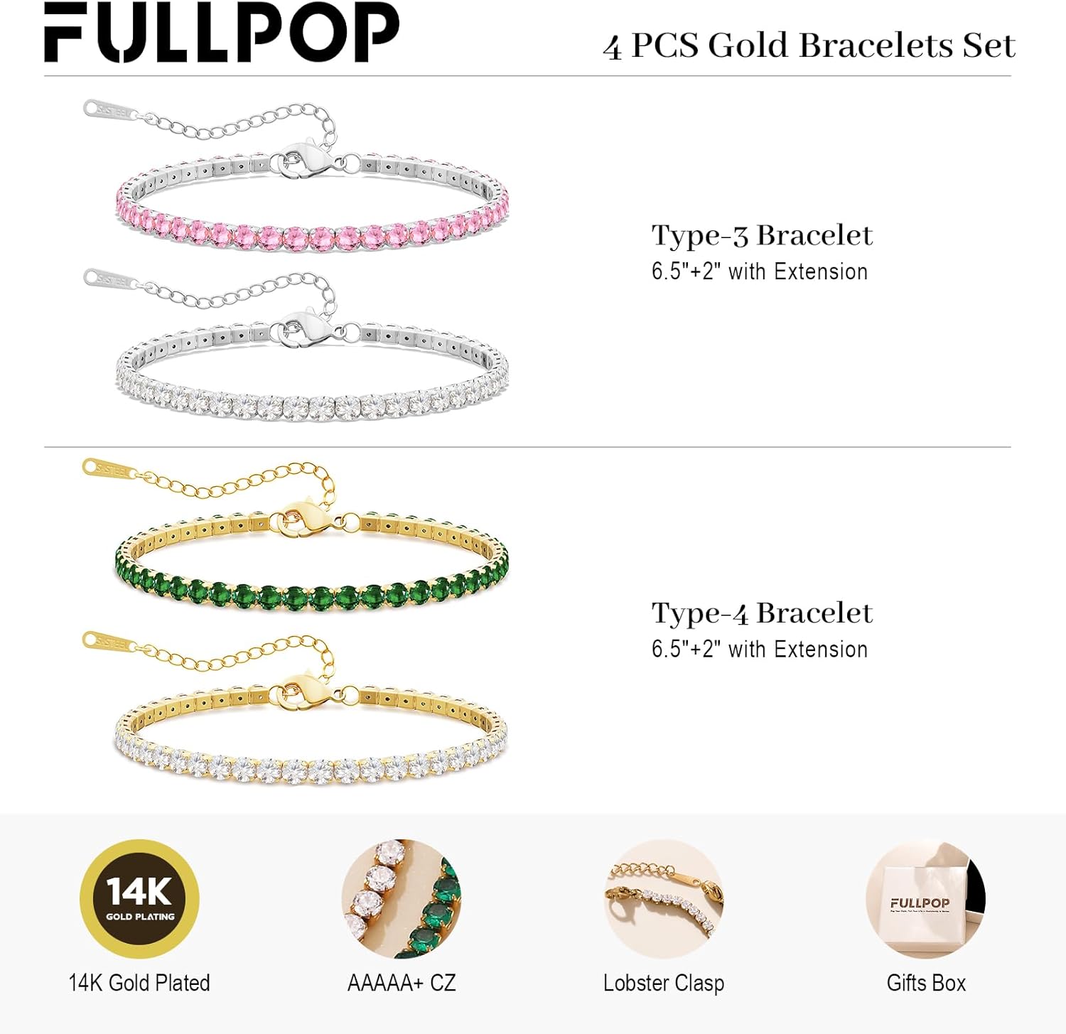 Fullpop Dainty Tennis Bracelets for Women Trendy Set, 14K Gold/Silver Plated Bracelets for Women Tennis Bracelet Gold Diamond Bracelets Anthropologie Jewelry Christmas Valentine's Day Gifts for Women - Image 8