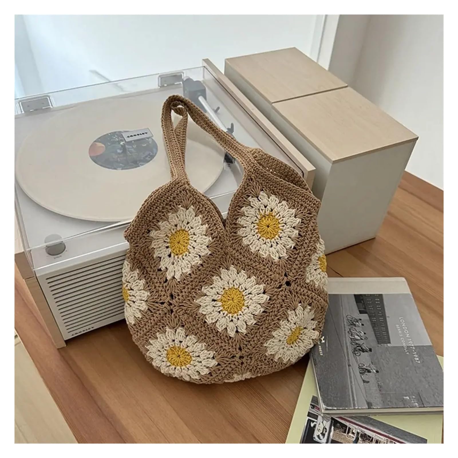 Bolso Ganchillo Flores Bolso de punto de ganchillo floral de moda, bolso de hombro bohemio hecho a mano, bolso de mano informal de gran capacidad for mujer, bolso de verano
