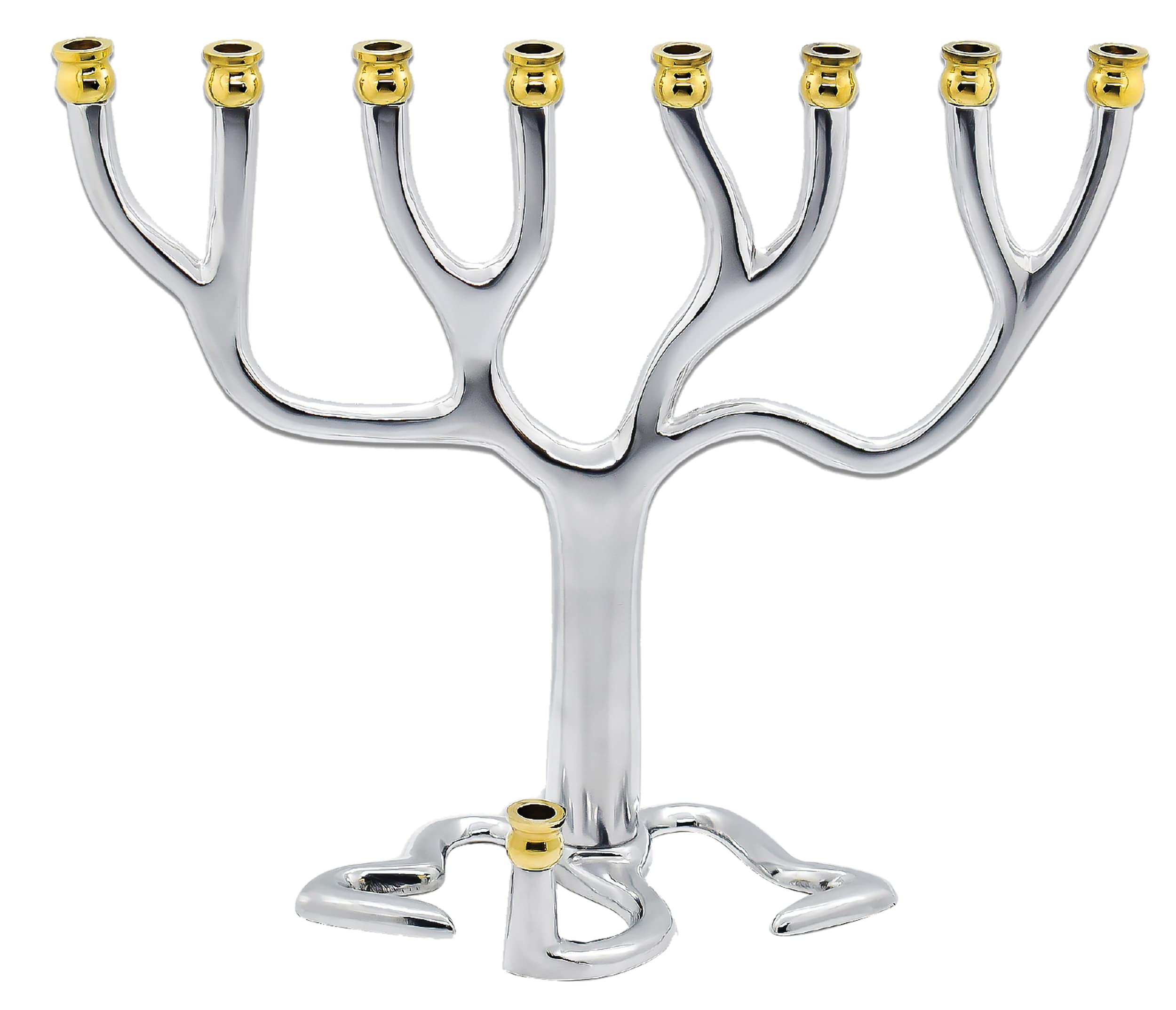 Ner MitzvahTree of Life Hanukkah Menorah, Fits All Standard Chanukah Candles, Modern Chrome Candle Menorahs for Chanukah, Silver with Gold Tips