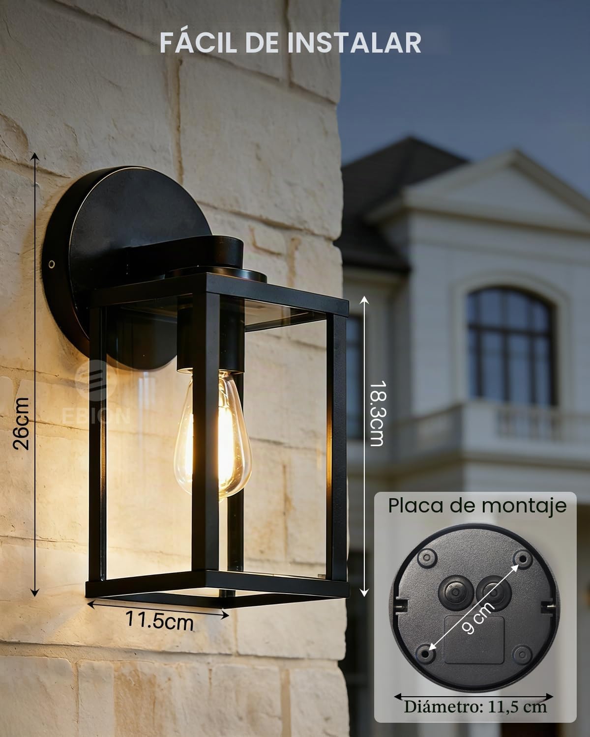 EBION 2 Unidad Lámpara de Pared Exterior E27, Retro Apliques de Pared, Aluminio, Para Patios y Terraza y Balcón, Negro, IP44 Repelente al agua(No incluye bombilla)