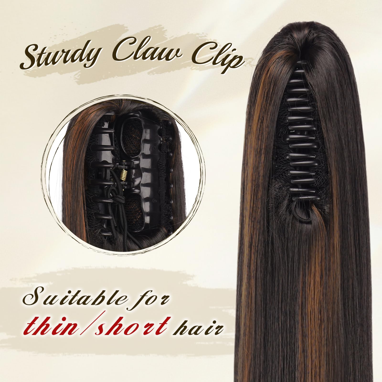 FESHFEN Queue de Cheval Lisse Pince - Postiche Cheveux Naturel Longue Raides Postiches Brun Foncé et Auburn Clair Synthétique Fausse Claw Clip Ponytail Extensions pour Femmes, 63 cm