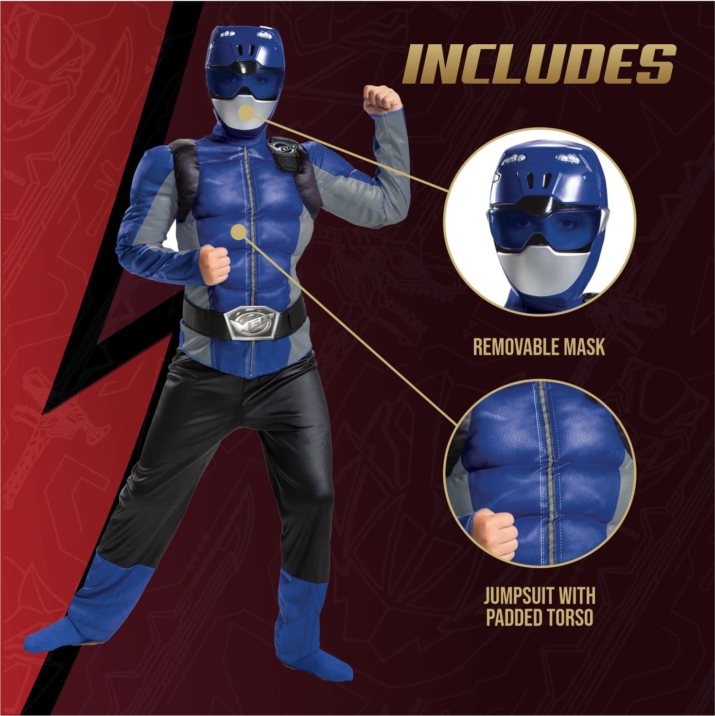 Disguise Offizielles Power Rangers Kostüm Kinder Blau Muskelkostüm, Superhelden Kostüm für Kinder Junge Mädchen Power Ranger Faschingskostüm Karneval Geburtstag Costume Größ S