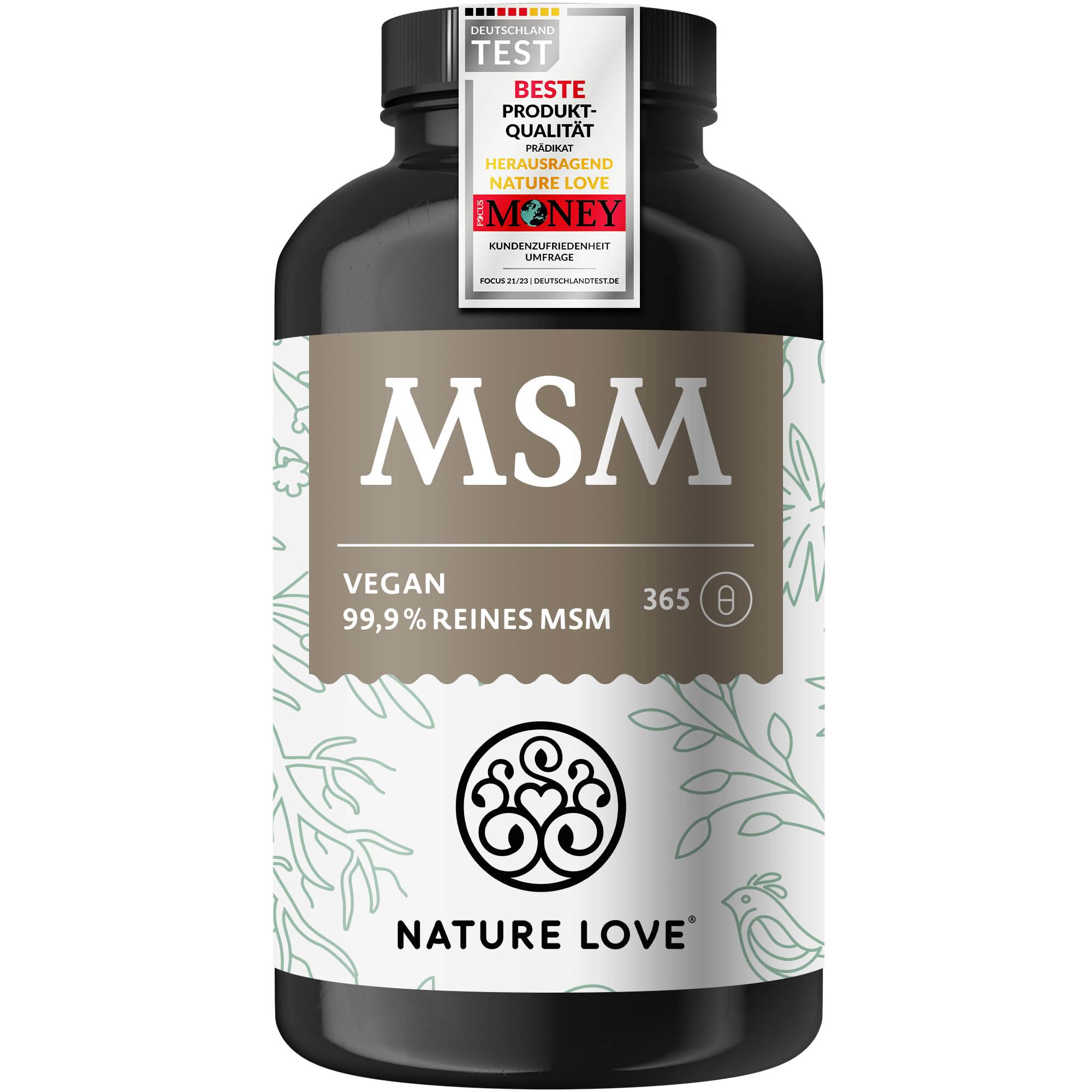 NATURE LOVE® MSM Kapseln - 365 Kapseln - 99,9% Reinheit - Hochdosiert mit 1600mg MSM Pulver je Tagesdosis - Optimal Bioverfügbar - Vegan, Laborgeprüft und in Deutschland hergestellt