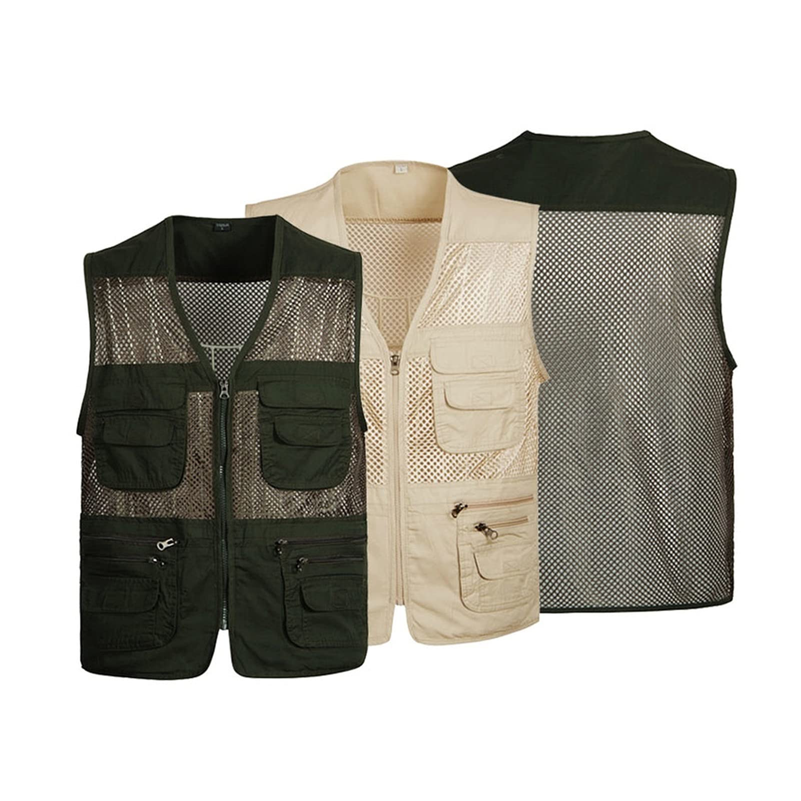 Gilet de pêche respirant en maille avec poches zippées pour activités de plein air, Army EN8, XL