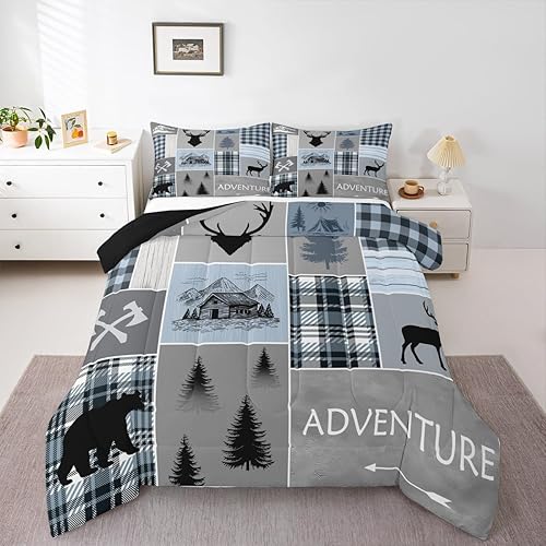 Juego de edredón de cabaña, juego de ropa de cama rústica de oso y ciervo, tamaño matrimonial para niños, adolescentes y adultos, edredón de