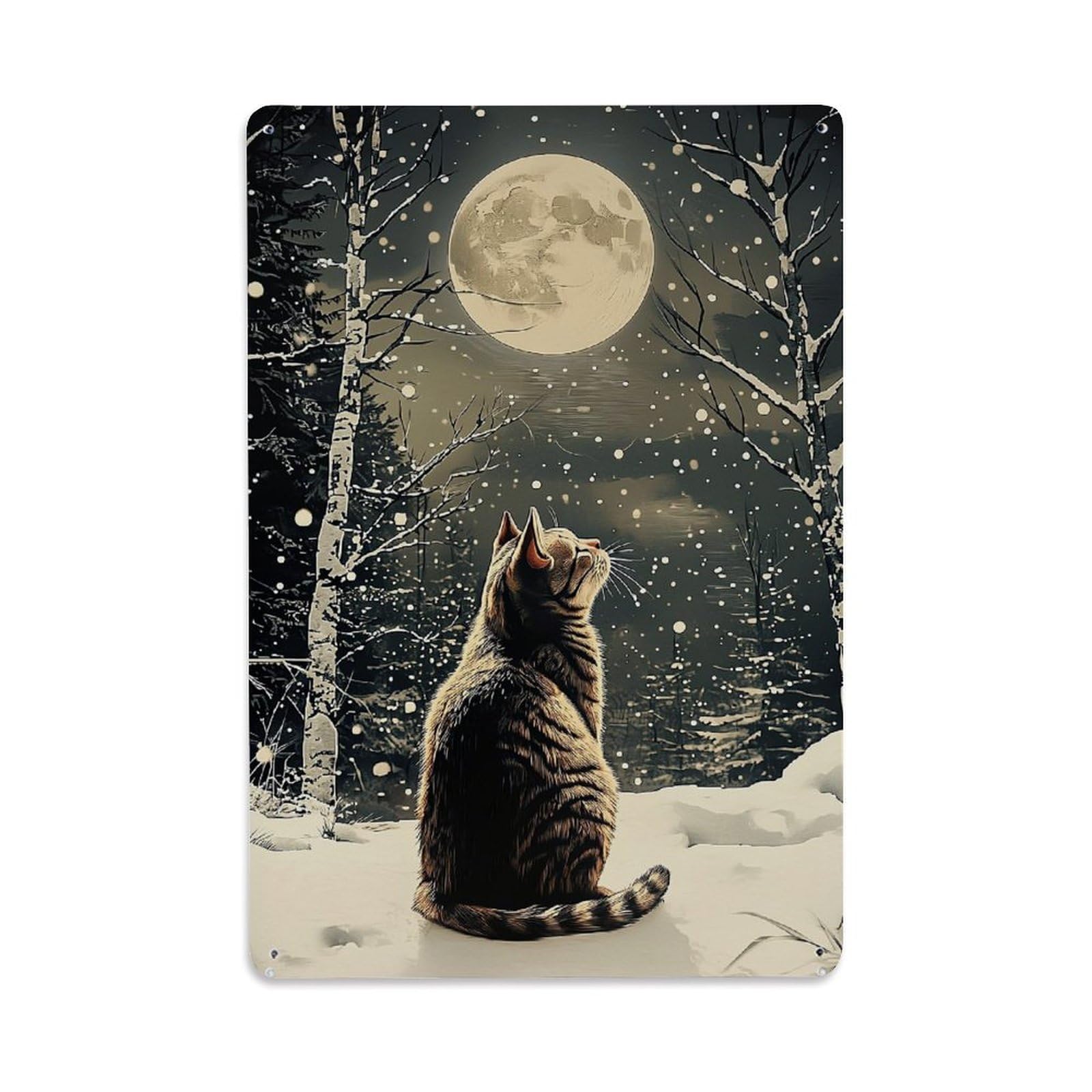 Bliveurn Vintage Cat Watching Full Moon Snow Retro Metal Tin Sign, Metal Poster For Home, Gaming Room, Studio Workshop,Bar,Garage Wall Art Decor 8X12 Inch
