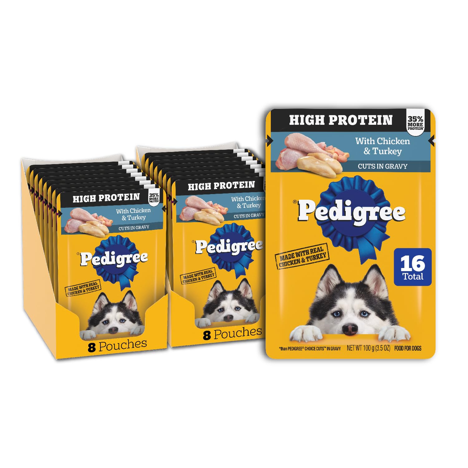 Pedigree High Protein Dog Food, Adult Wet Dog Food Pouches, Chicken & Turkey, 3.5 oz. Pouches, 16 Count