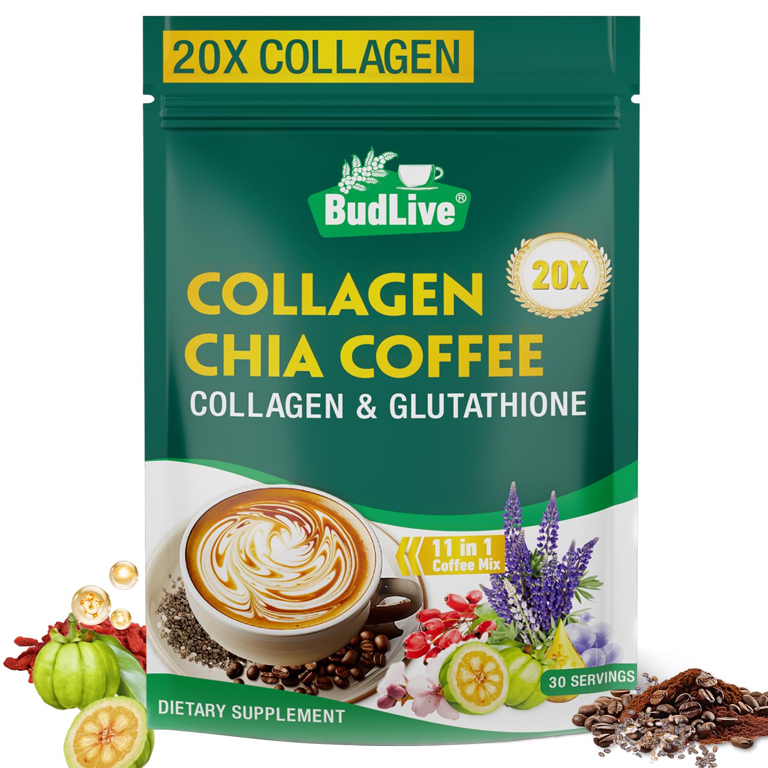 20X Collagen Chia Coffee, 11 in 1 Shape Coffee Mix with Collagen