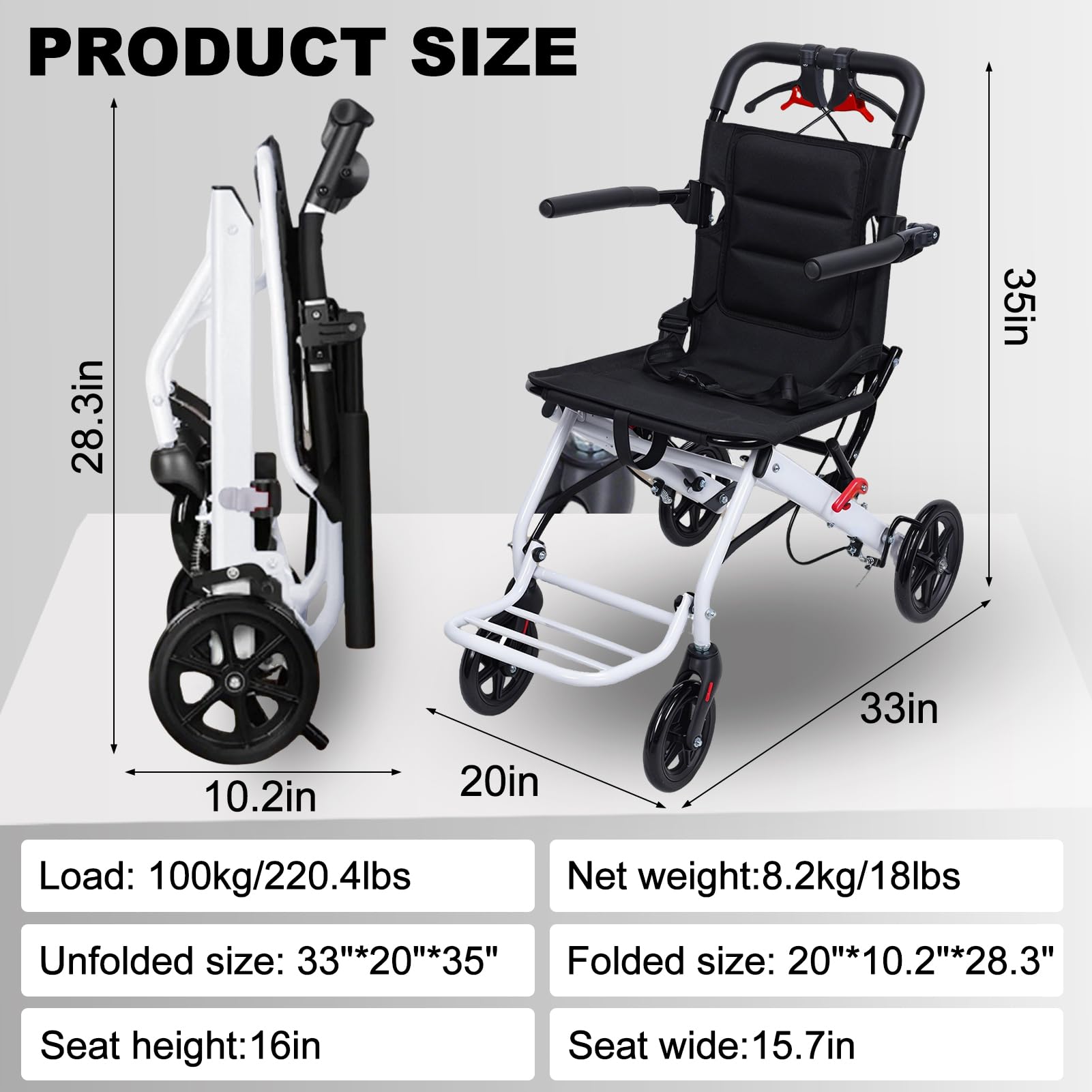 Silla de ruedas plegable ligera, silla de ruedas de viaje de 8.2 kg con correa de seguridad ajustable, silla de ruedas portátil de aluminio para adultos, sillas de ruedas plegables de transporte,