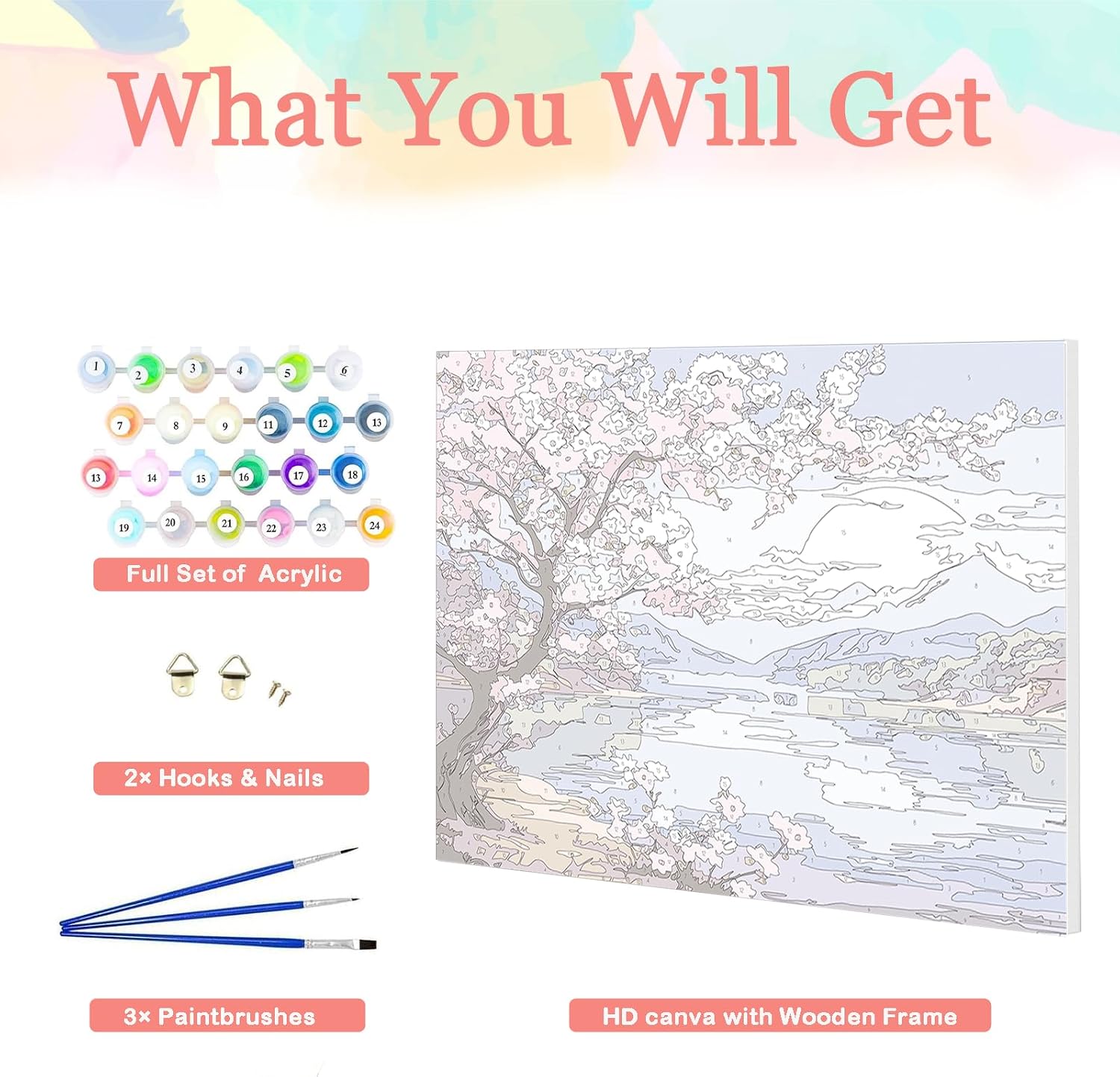 Auremi Landscape Paint by Number Kits with Framed, DIY Flower Paint by Number Canvas for Adults, Easy Acrylic in Canvas with Brushes for Decor 20x30cm image 3