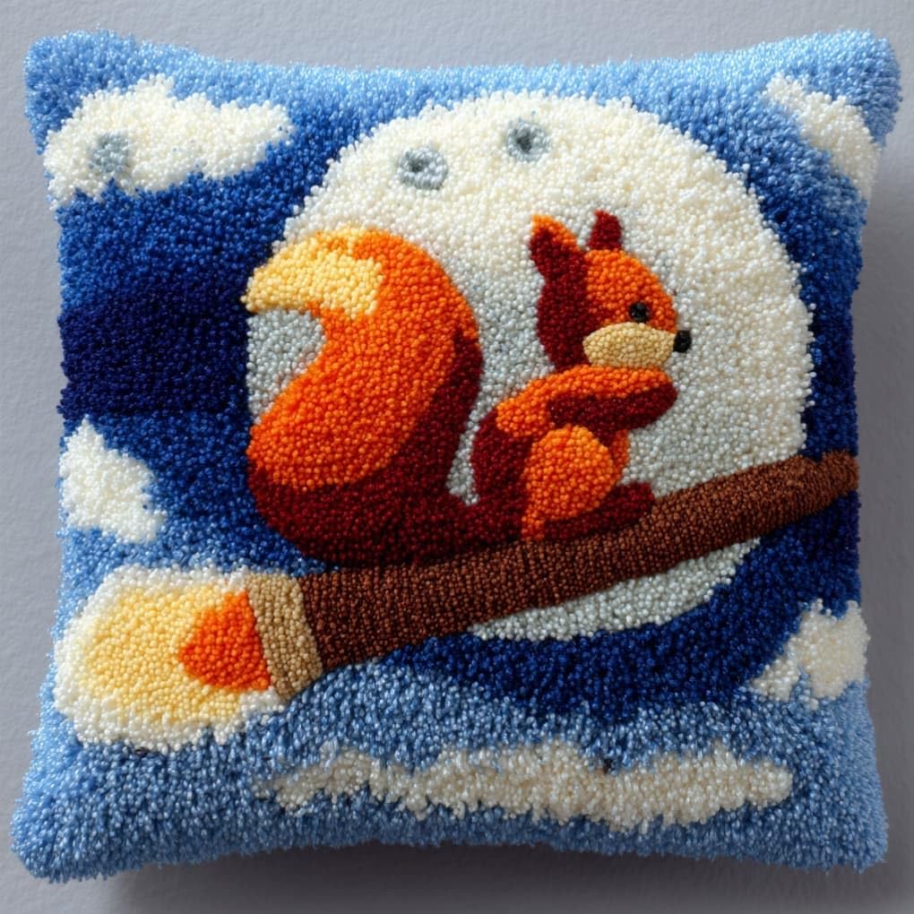 Taxpy Latch Hook Cushion Kits Squirrel Pillowcase Kits Embroidery Kit 17X17 Inch DIY Needlework Pillow Cover Sofa Cushion Rug Making