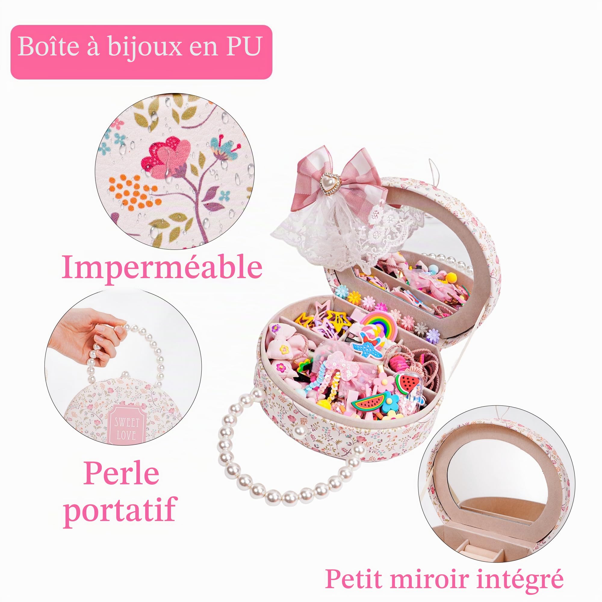 Boîte à bijoux pour accessoires de cheveu pour filles, pinces et élastiques cheveu, cadeau d'anniversaire pour filles de 3 à 12 ans, rose, boîte circulaire