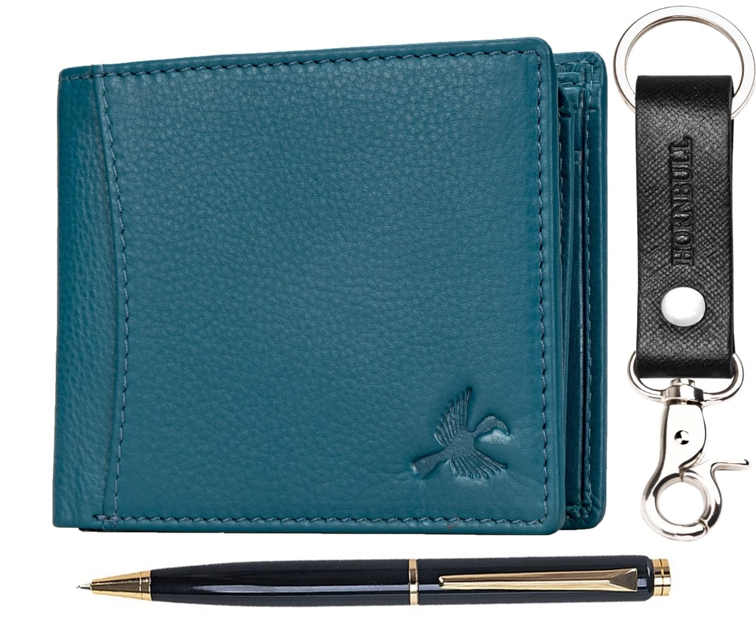 HORNBULL Themes Aqua Blue Leather Wallet for Mens, Keyring & Pen Combo Gift Set for Men PN129