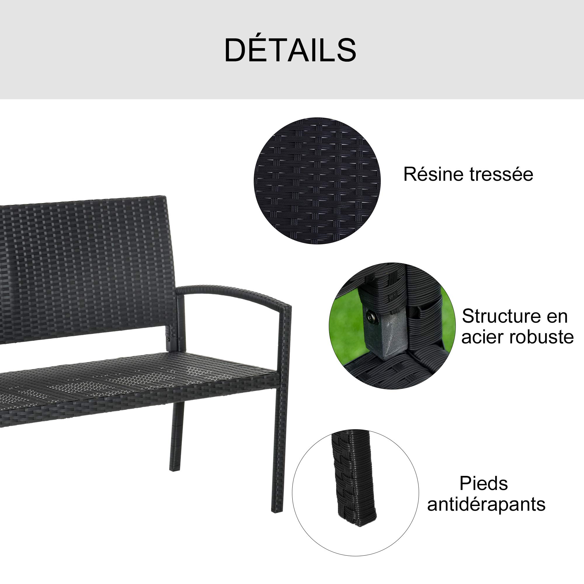 Outsunny Banc de Jardin 2 Places Style Cosy Chic résine tressée 4 Fils Imitation rotin Noir | Résine Tressée 4 Fils