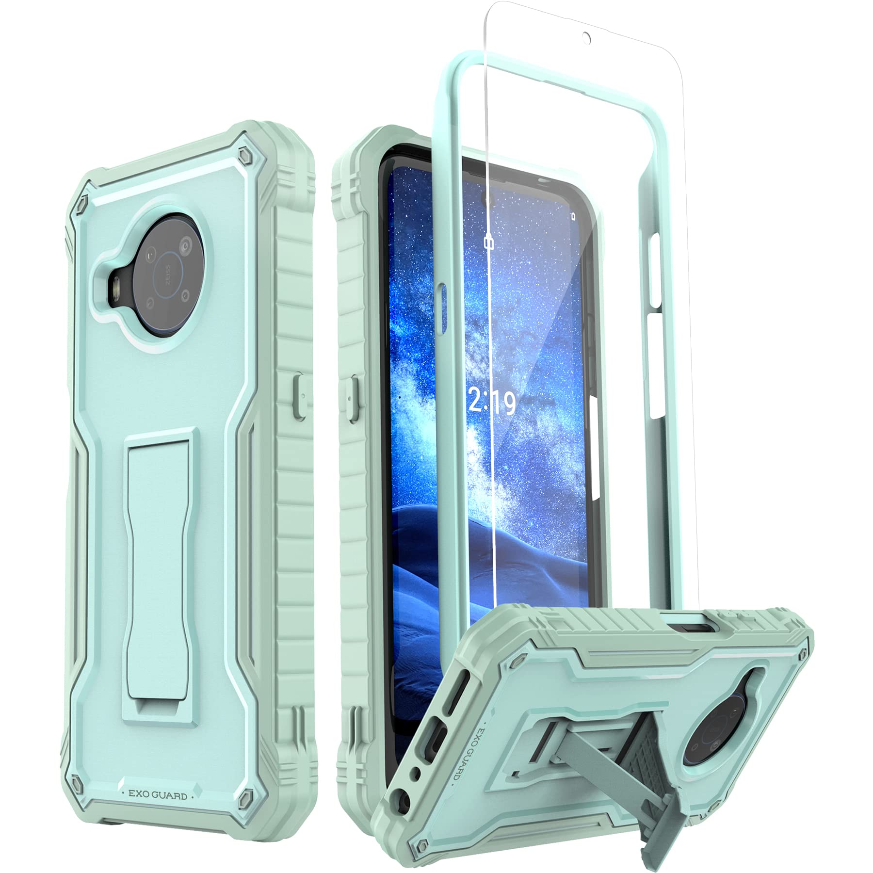 ExoGuard for Nokia X100 Case, Rubber Shockproof Full-Body Cover Case with Tempered Glass Screen Protector Built-in Kickstand (Green)