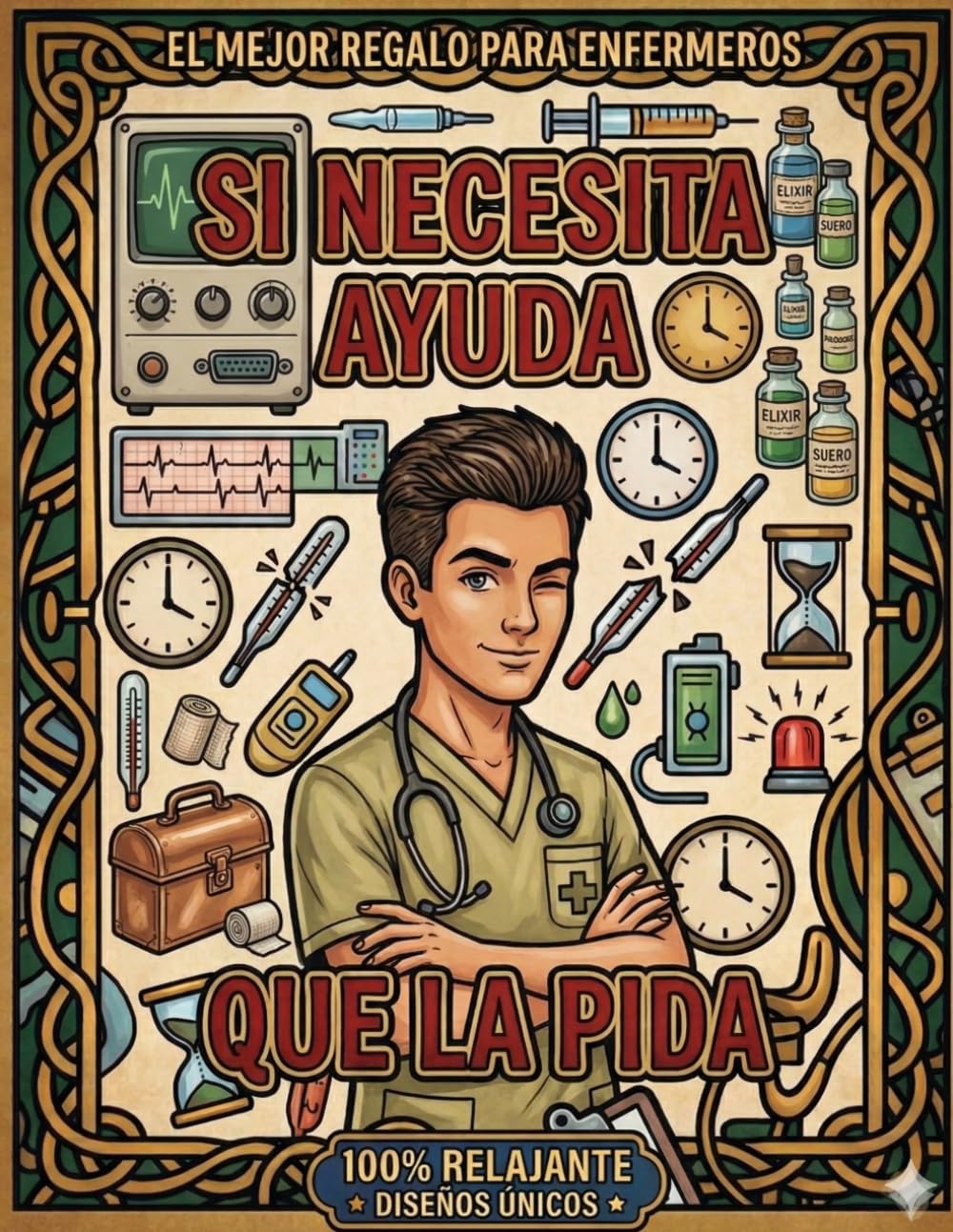 SI QUIERE AYUDA, QUE LA PIDA.: Libro de Colorear Antiestrés para Enfermeros. Diseños Fáciles y Relajantes para Profesionales de la Salud. 30 Diseños.