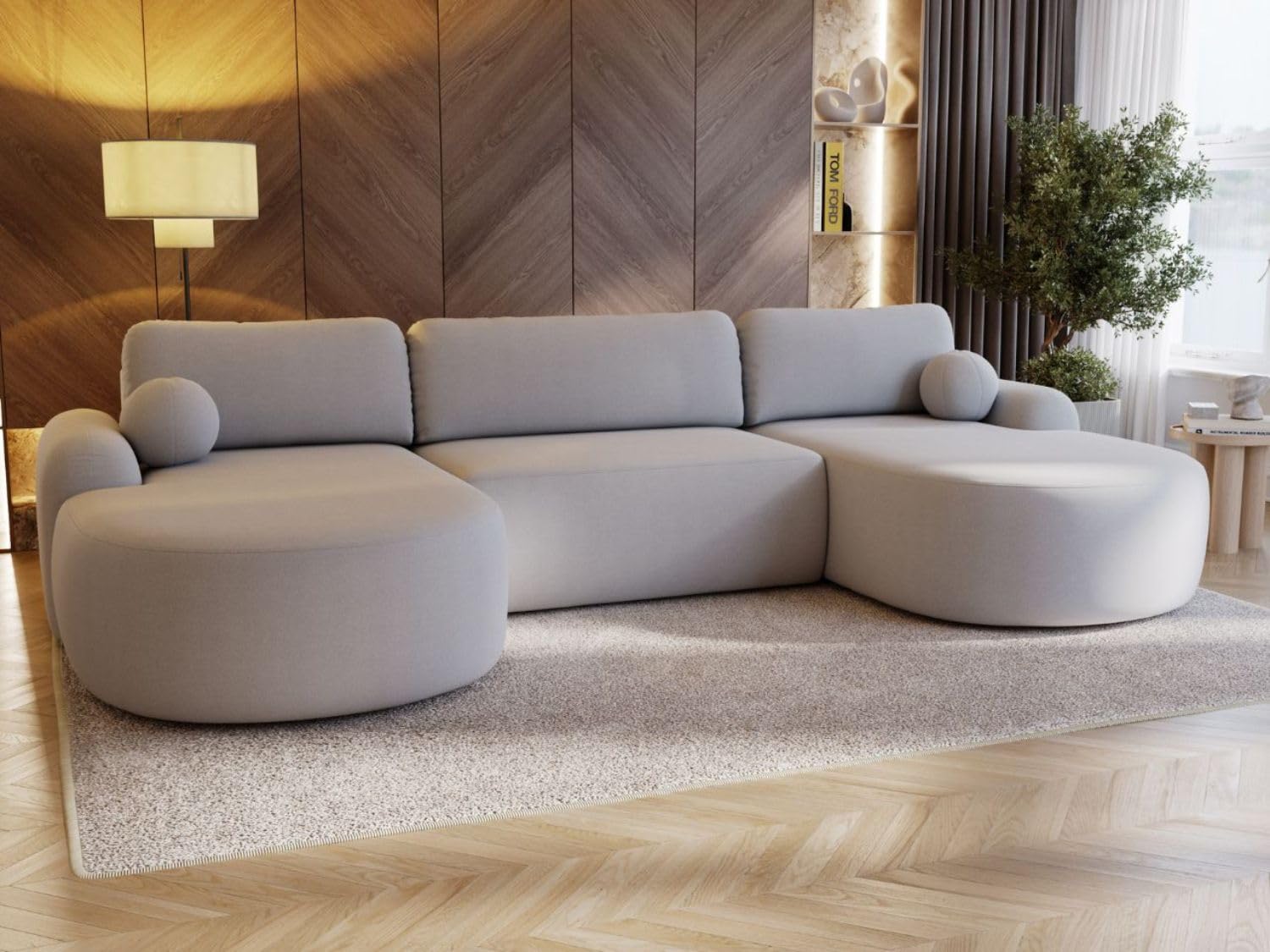 GRAINGOLD Aurio Ecksofa mit Schlaffunktion & Bettkasten 347x177 cm, U-Form Sofa mit Stauraum, Schlafcouch für Wohnzimmer, Bouclé-Stoff, 5-Sitzer Wohnlandschaft, Modernes Design (Grau)