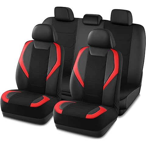 Road Comforts Car Seat Cover Full Set, Leather Mesh Seat Covers, Airbag Compatible, Universal Fit for Most Cars, SUVs, Trucks, and Vans - Red