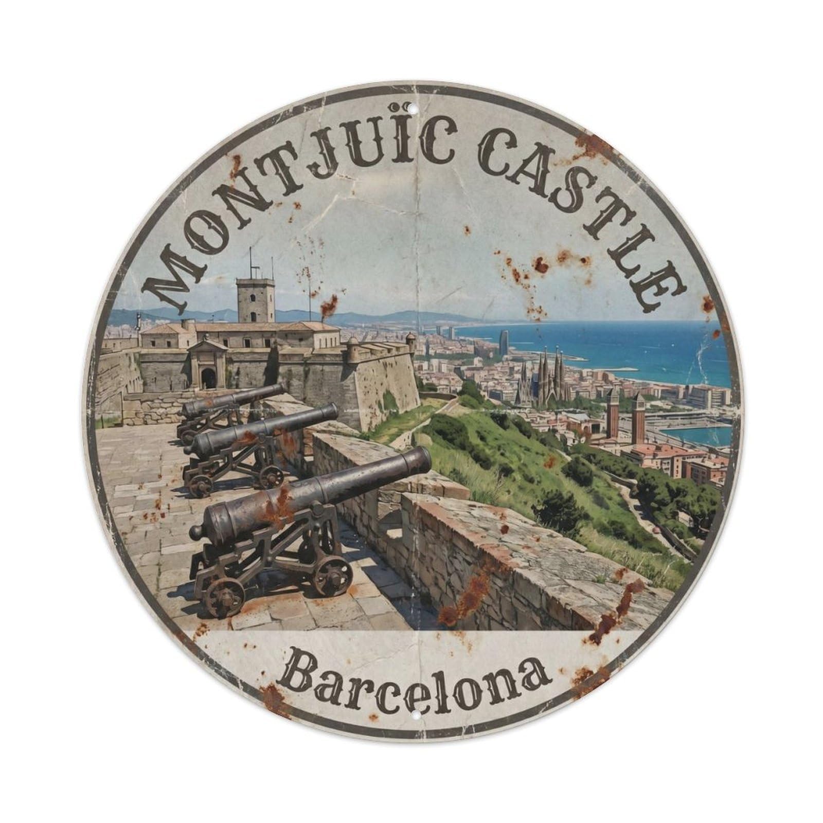 Barcelona Montjuic Castle Cannons Vintage Travel Landmark Metal Tin Sign Plaque Wall Decor for Cafe, Man Cave, Club Bar, Office, Home Garden Round Metal Poster 8x8Inch