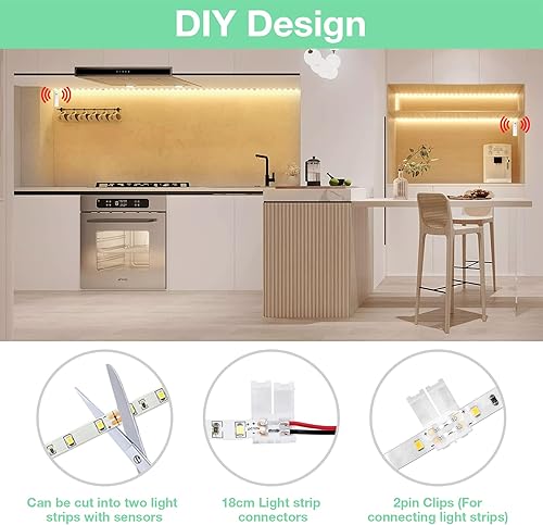 Miniatura 3 de WOBANE Tira de luz LED activada por movimiento doble tira de luz recargable de 164 pies cinta de luz alimentada por batería para debajo del gabinete