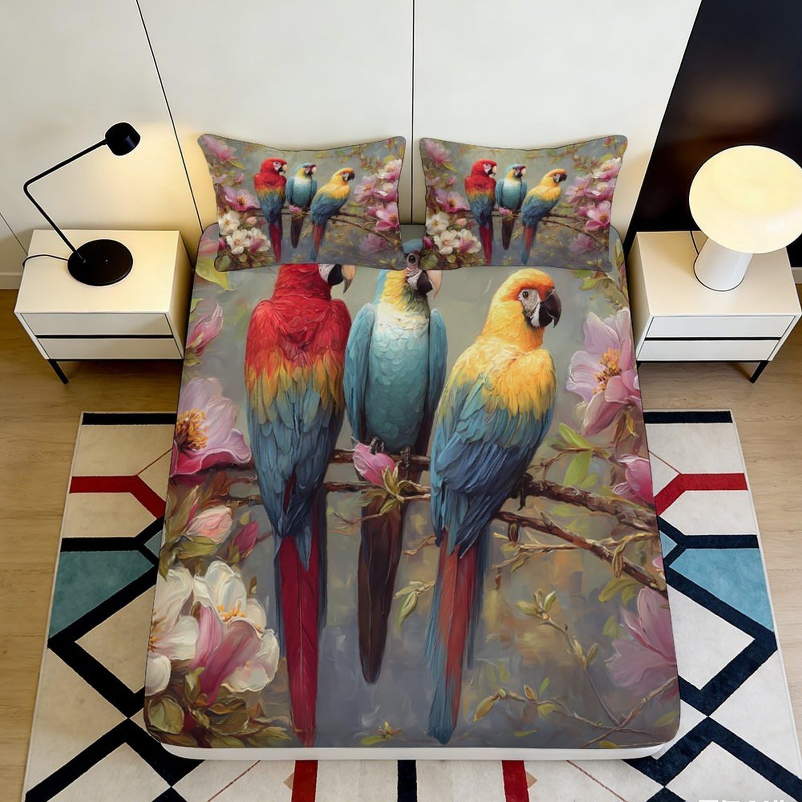 3D Printed Tropical Parrot Fitted Sheet, Microfiber Bed Cover, soft touch, wrinkle resistant, guest room bedding 90x200x25cm