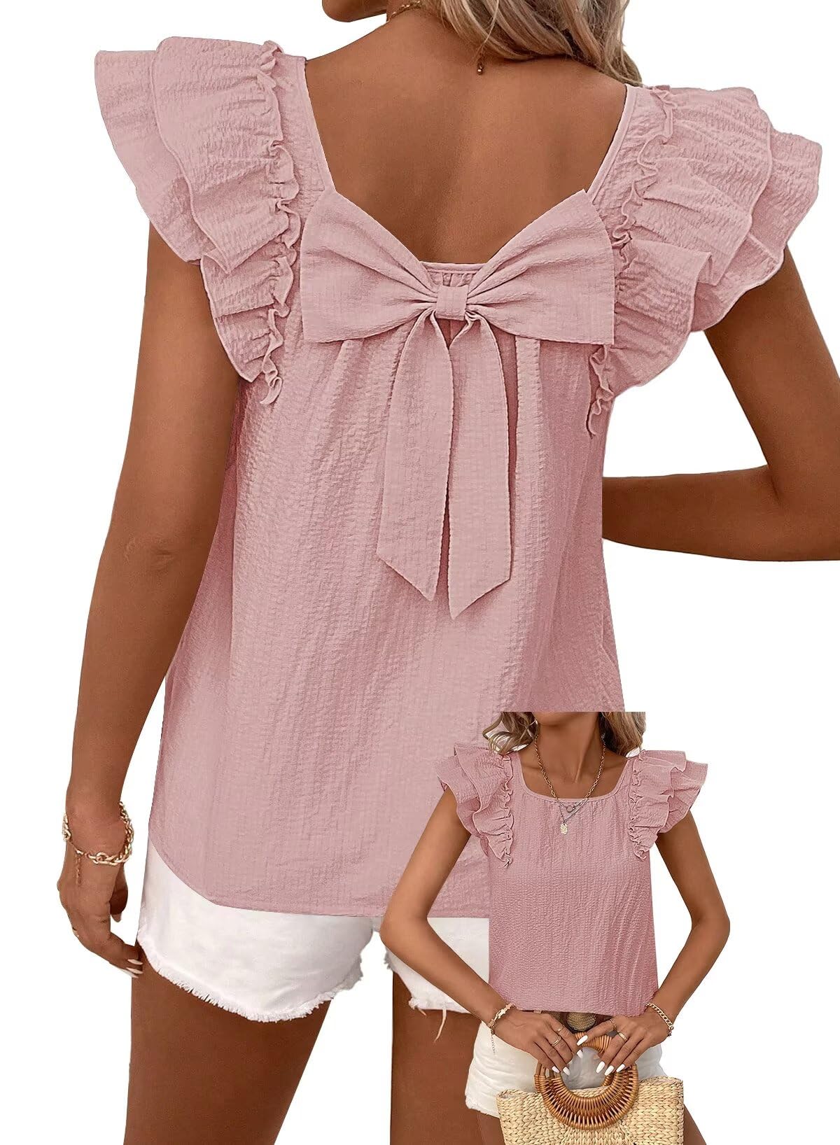 Falechay Womens Bow Tie Back Tops Babydoll Vneck Ruffle Short Sleeve Shirts
