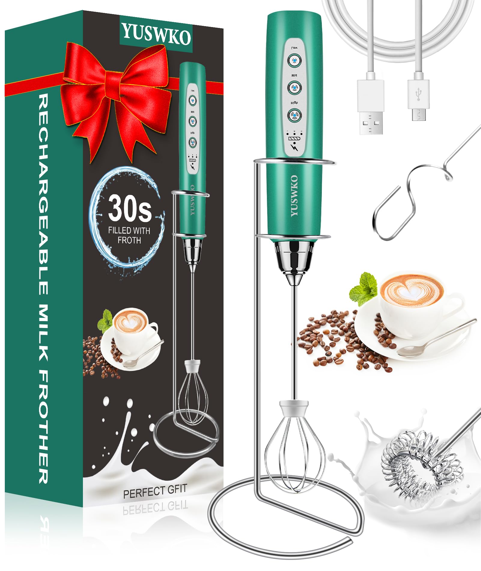 YUSWKO Hand-Milchaufschäumer Zauberstab für Kaffee, wiederaufladbarer elektrischer Schneebesen mit 3 Köpfen 3 Geschwindigkeiten Getränkemixer Kaffee-Aufschäumer für Latte, Cappuccino, heiße Schokolade