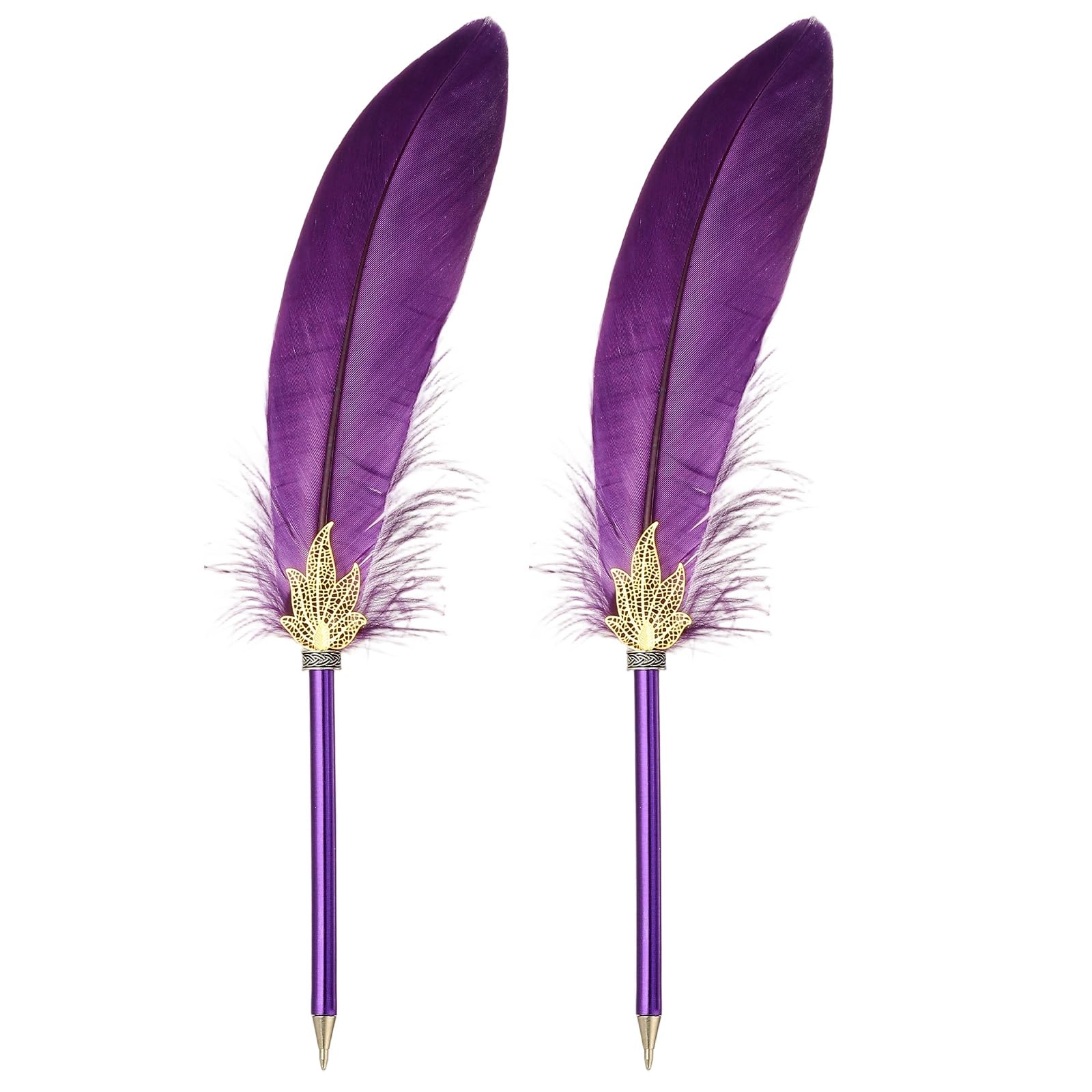 PATIKIL Feather Ballpoint Pens Bulk, 2Pcs Black Ink Vintage Plated Rod Quill Writing Pens for Office Wedding Guest Signature Gift, Purple