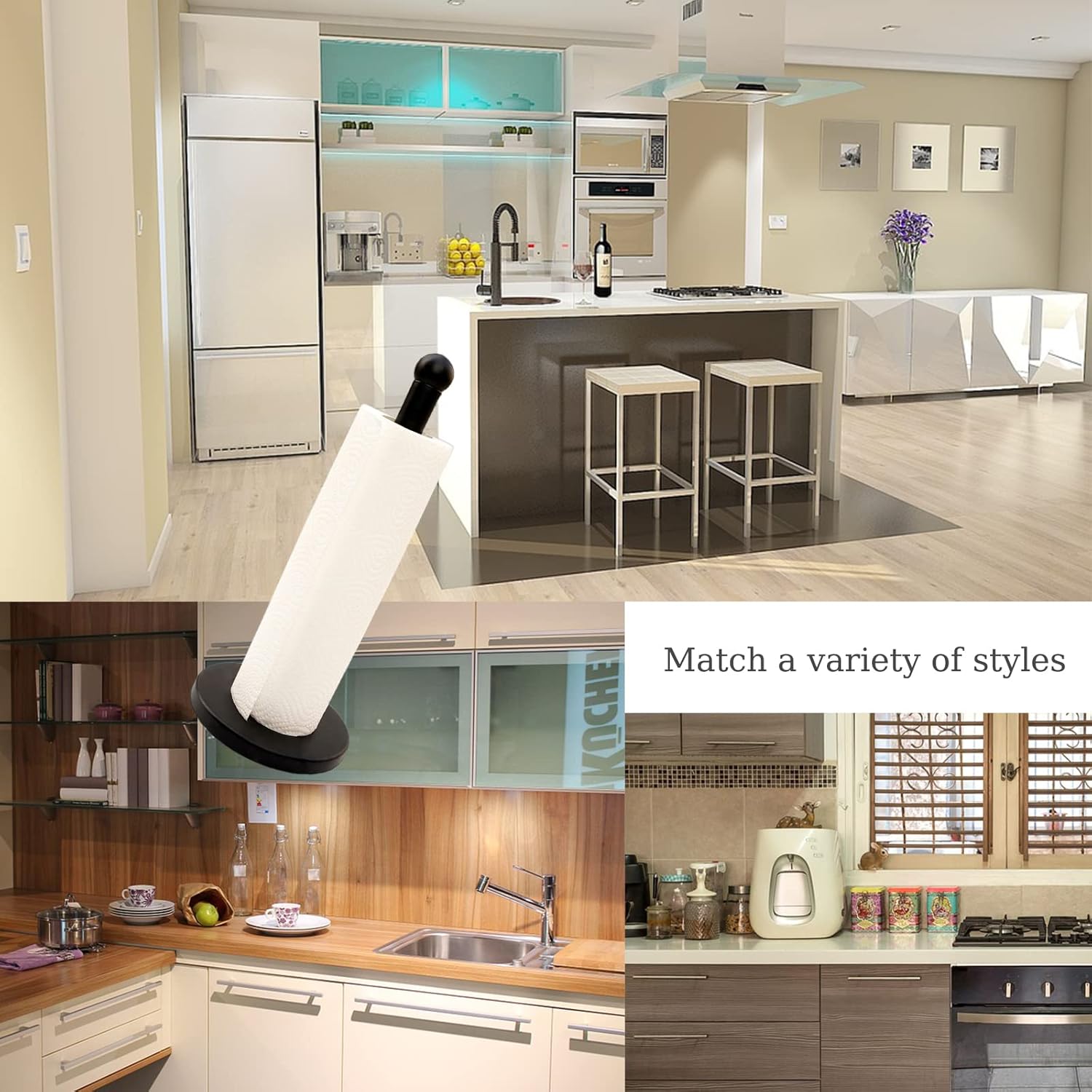 Paper Towel Holder Black Paper Towel Holder Countertop Paper Towel Holder Stand with Heavy Duty Base Stainless Steel Paper Towel Holder Kitchen Standing Paper Towel Roll Holders, Matte Black