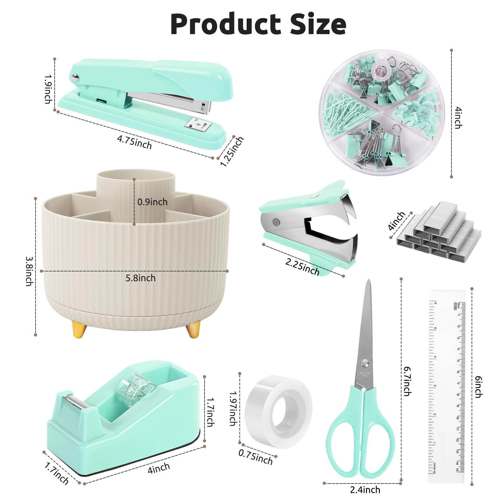 Accesorios de oficina, 10 unidades, soporte giratorio de 360 grados, suministros de oficina que incluyen grapadora, cinta, soporte de cinta, tijeras, regla, removedor de grapas, 1 caja de grapas, kit