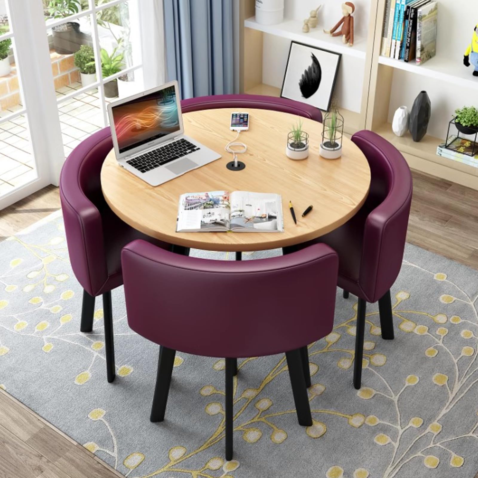 Space Saving Dining Table, Round Dining Table and Chairs Set 4, Office Reception Room Club Table and Chair Set, Small Meeting Room Table for Home Living Room Balcony Cafe Break Room, PU Purp