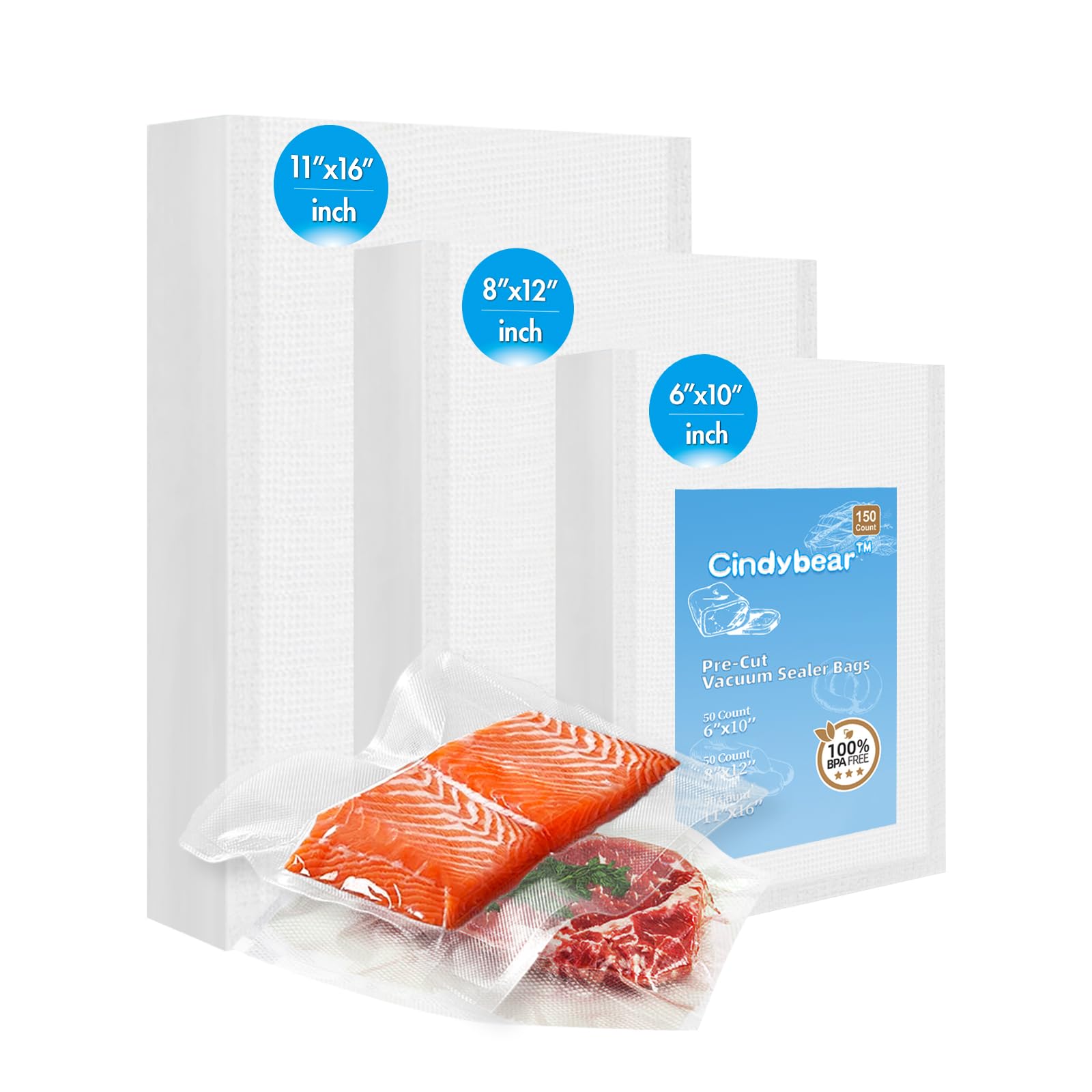 Photo 1 of ***PARTIAL SET MISSING PIECES **** Cindybear 150pcs Vacuum Sealer Bags, Gallon 11"x16" and Quart 8"x12" and Pint 6"x10" Food Saver Bags, Pre-cut Commercial Grade Vac Bags for Food Storage, BPA Free, Heavy Duty, Meal Prep or Sous Vide