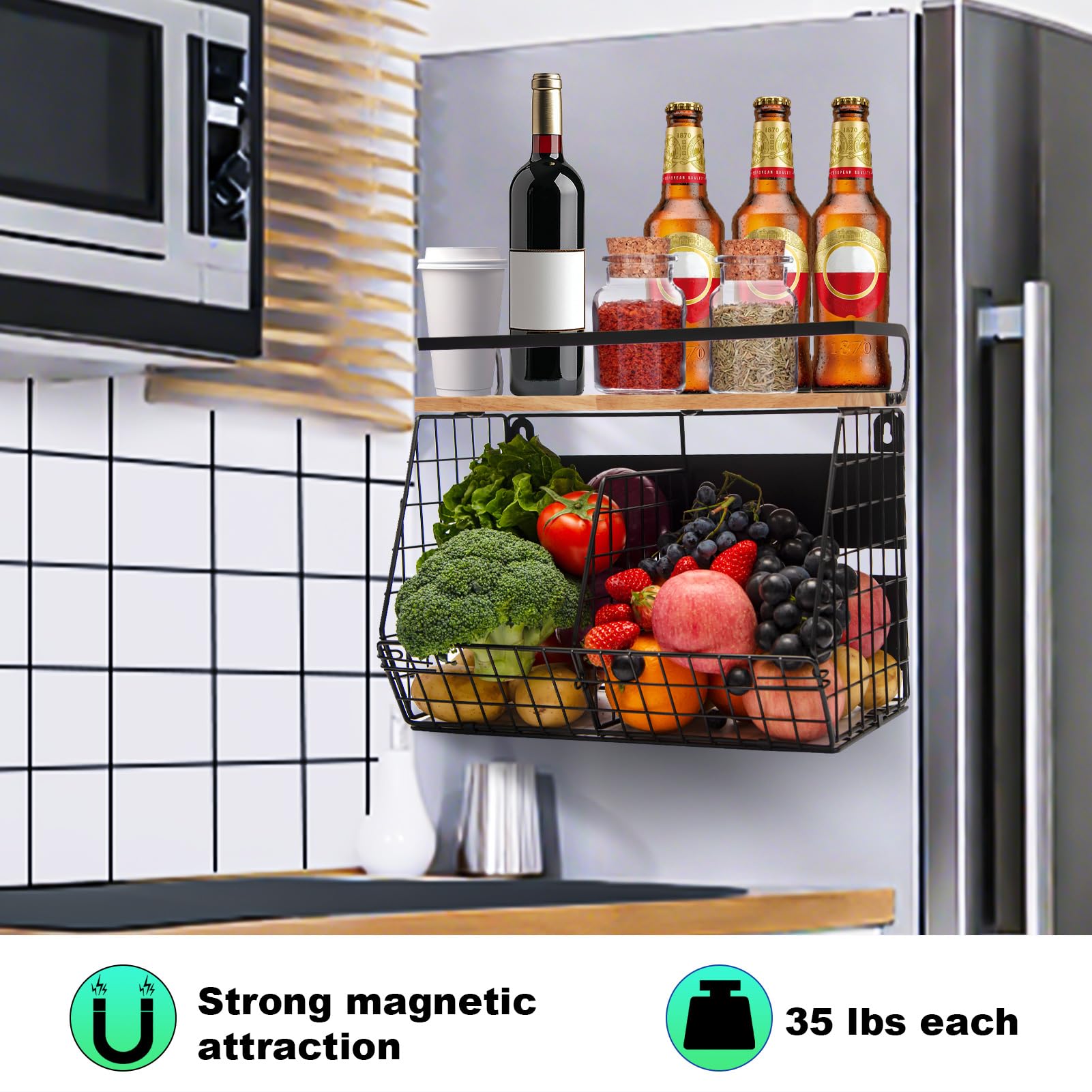 Lermende Magnetico Porta Frutta Cucina: 2 in 1 Scaffale Magnetici per Frigorifero, Organizer da Cucina Senza Forature con 4 Ganci Mobili per Cucina, Lavanderia, Area Ristoro, Spazio Relax.