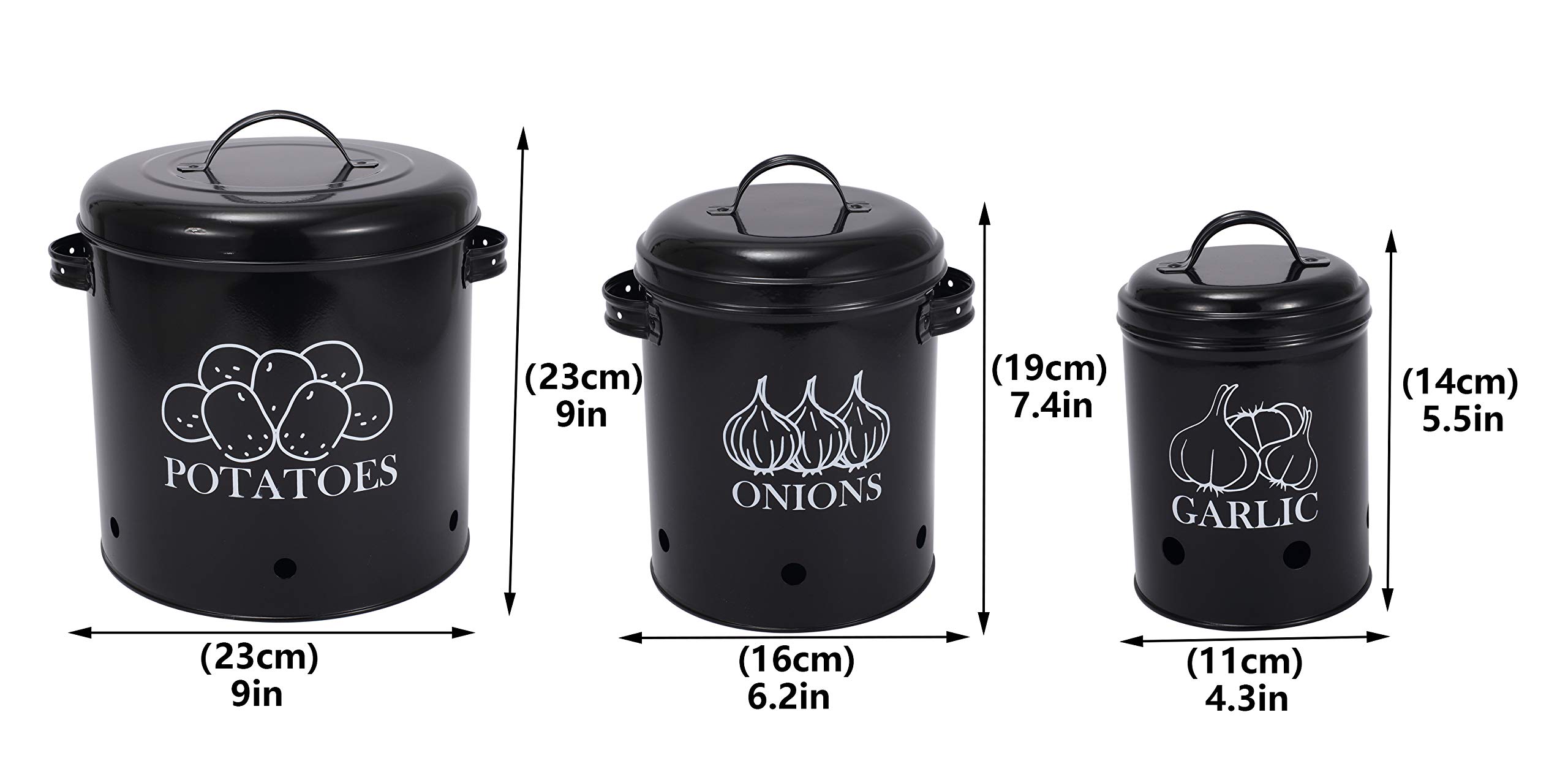 Vintage Kartoffelbox, 3-teiliges Set mit 23 cm x 23 cm, 19 cm x 16 cm und 14 cm x 11 cm, rund, Metall, Zwiebel & Knoblauch Aufbewahrungsbox, mit Entlüftung und Flip-Top-Deckel