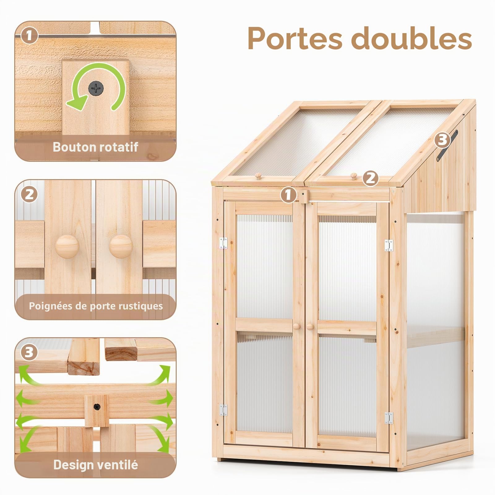 HOMASIS Serre de balcon en polycarbonate et verre, mini serre de jardin avec 2 étagères et portes, serre de terrasse en bois de sapin (naturel, 69 x 58 x 121 cm)