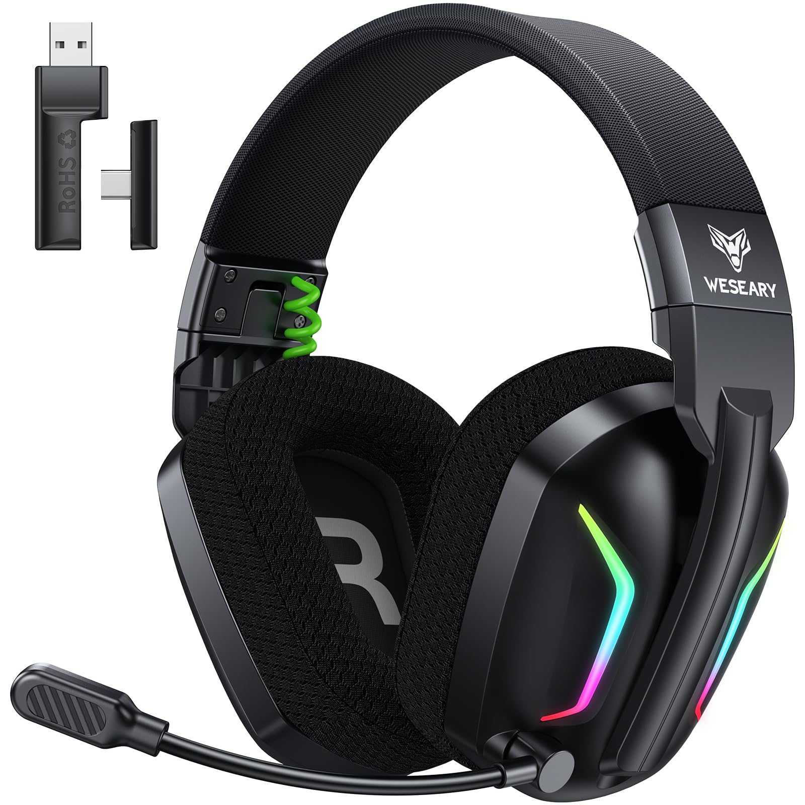 Słuchawki gamingowe bezprzewodowe WESEARY do PS5, PS4, PC, Mac, Switch, tryb dual-mode, niskie opóźnienie (2,4 GHz USB/typ C) i Bluetooth, słuchawki gamingowe z mikrofonem ENC