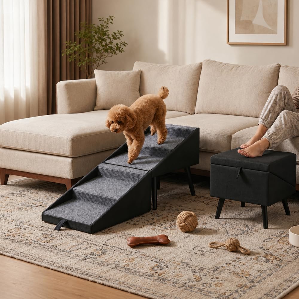 Klappbare Hundetreppe für kleine Hunde – 2-in-1-Treppe und Hocker – rutschfeste Holzstufen für das Sofa, ideal für Welpen, ältere und verletzte Hunde(Schwarz)