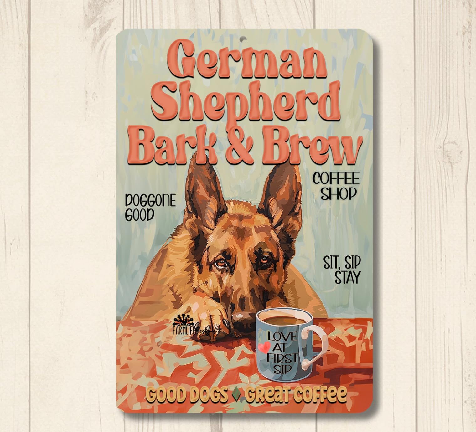 German Shepherd Coffee Bar Sign Bark & Brew dog funny metal tin wall art GSD home decor