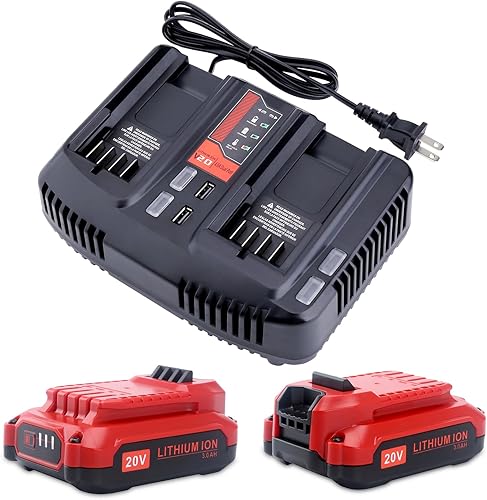 Biswaye Cargador de doble puerto CMCB124 de 20 V MAX V20 y 2 unidades de 20 V MAX V20 batería CMCB202 CMCB203 y compatible con batería Craftsman V20